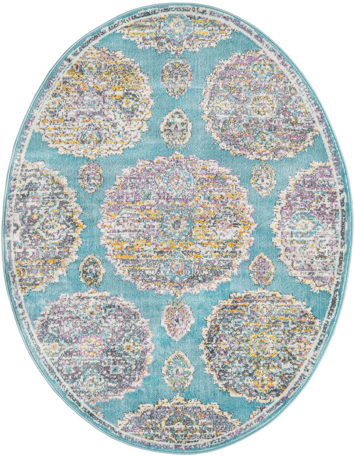 A 3' 3 x 5' 3 oval blue bohemian rug with a distressed floral pattern in purple, yellow, and white.