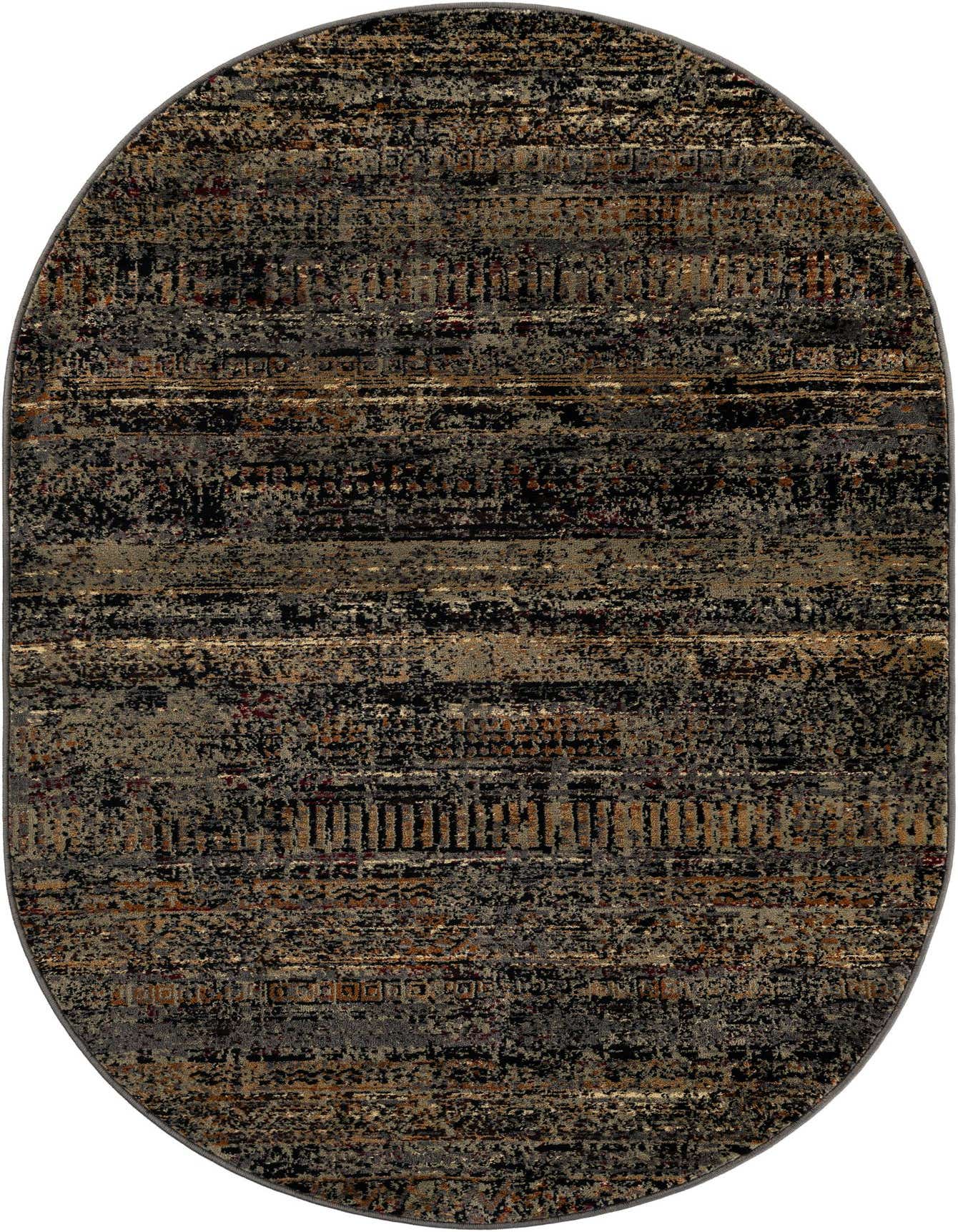 An oval 4'1" x 6'1" blue area rug with a distressed traditional and rustic stripe pattern.