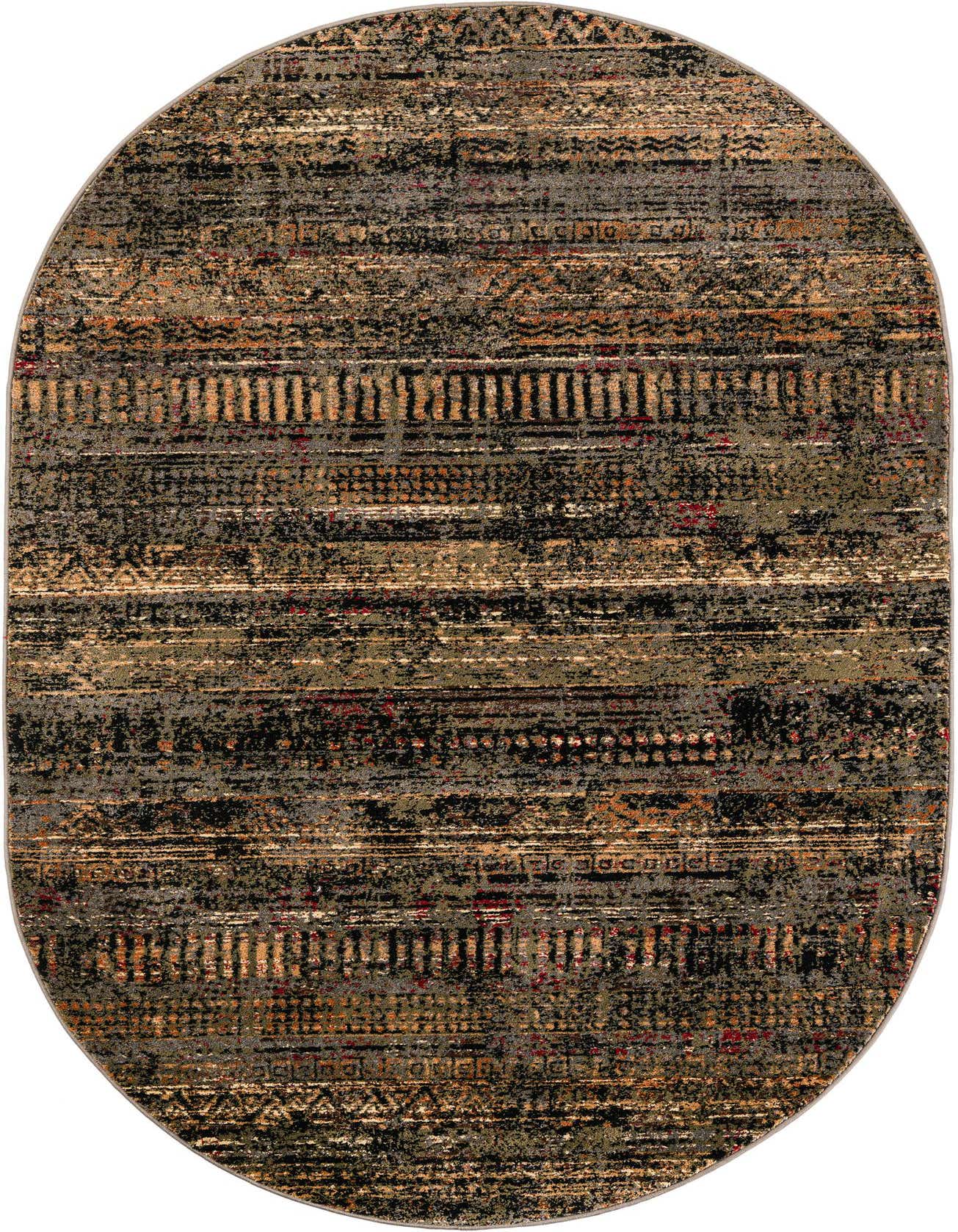 An oval 5' 3 x 8' 0 blue area rug with a distressed traditional, rustic, and tribal stripe pattern.