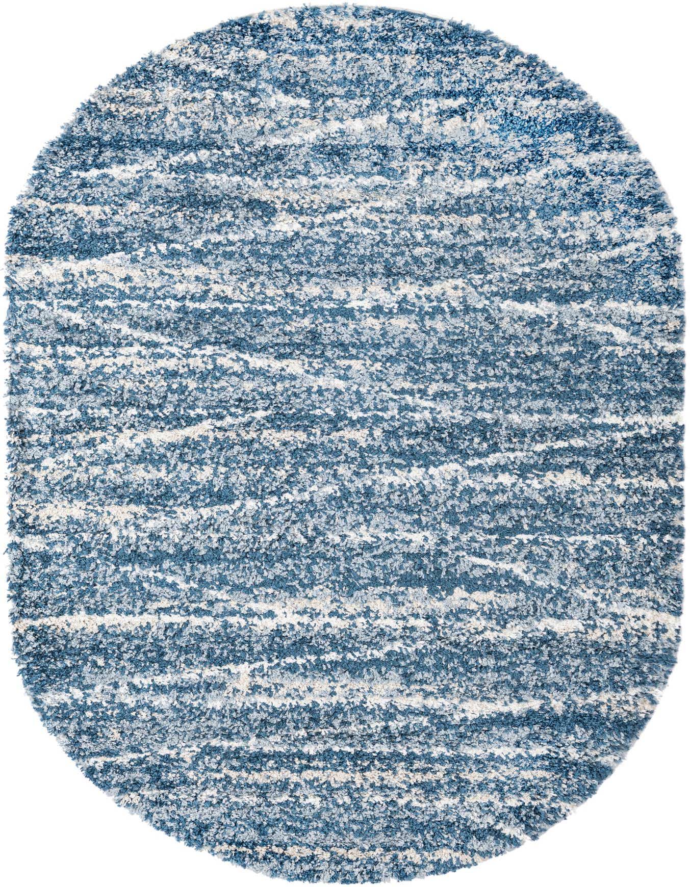 An oval 5'3" x 8'0" blue and white shag rug with a modern striped pattern, ideal for an indoor living space.
