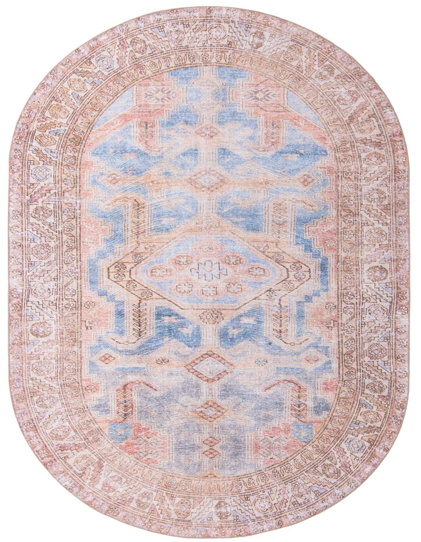 A 7' 6 x 10' 6 oval blue and peach rug with an ornate medallion and border pattern, suitable for an indoor living space.