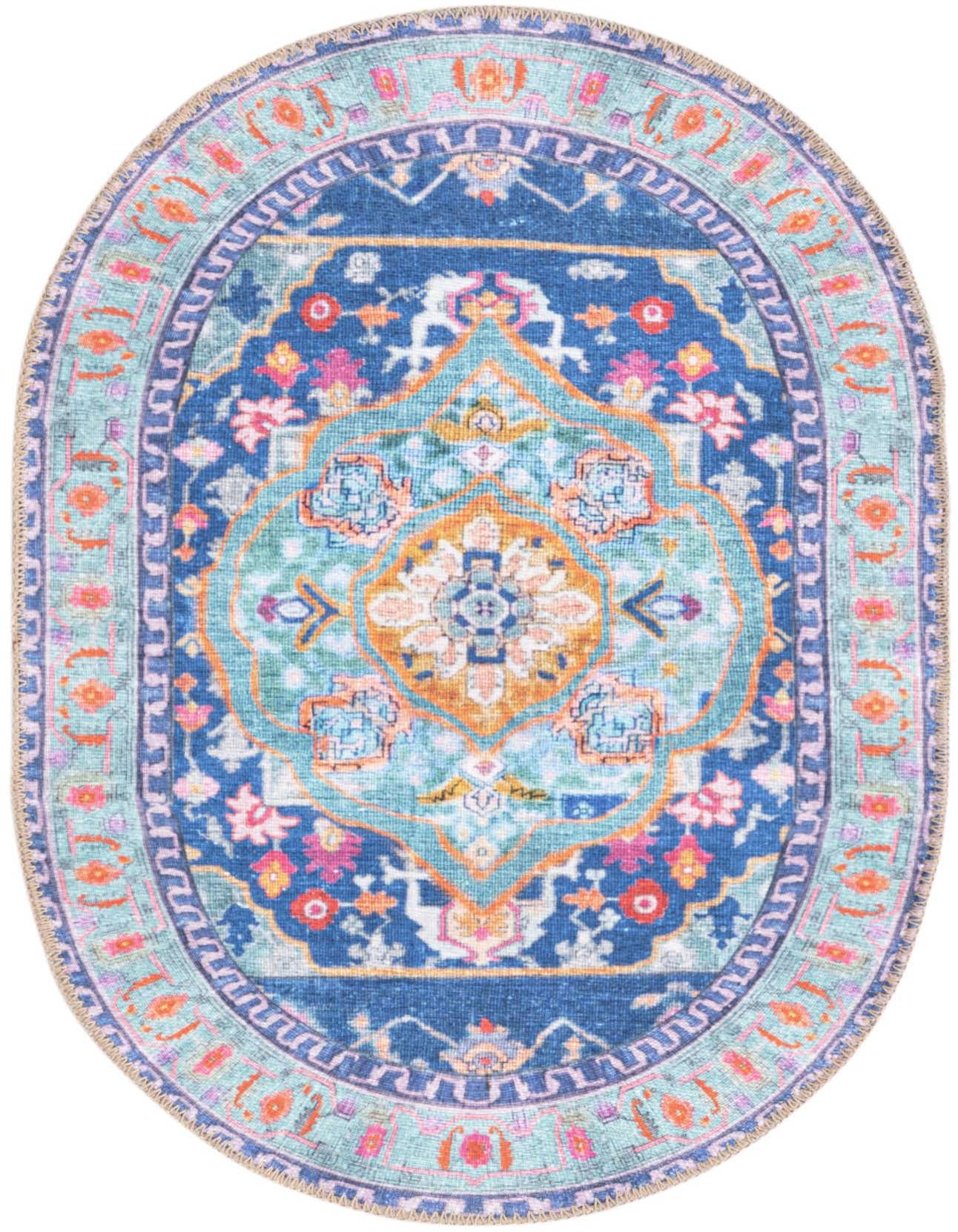 A 2'x3' oval blue transitional rug with a vibrant medallion pattern in teal, orange, and pink, on a white background.