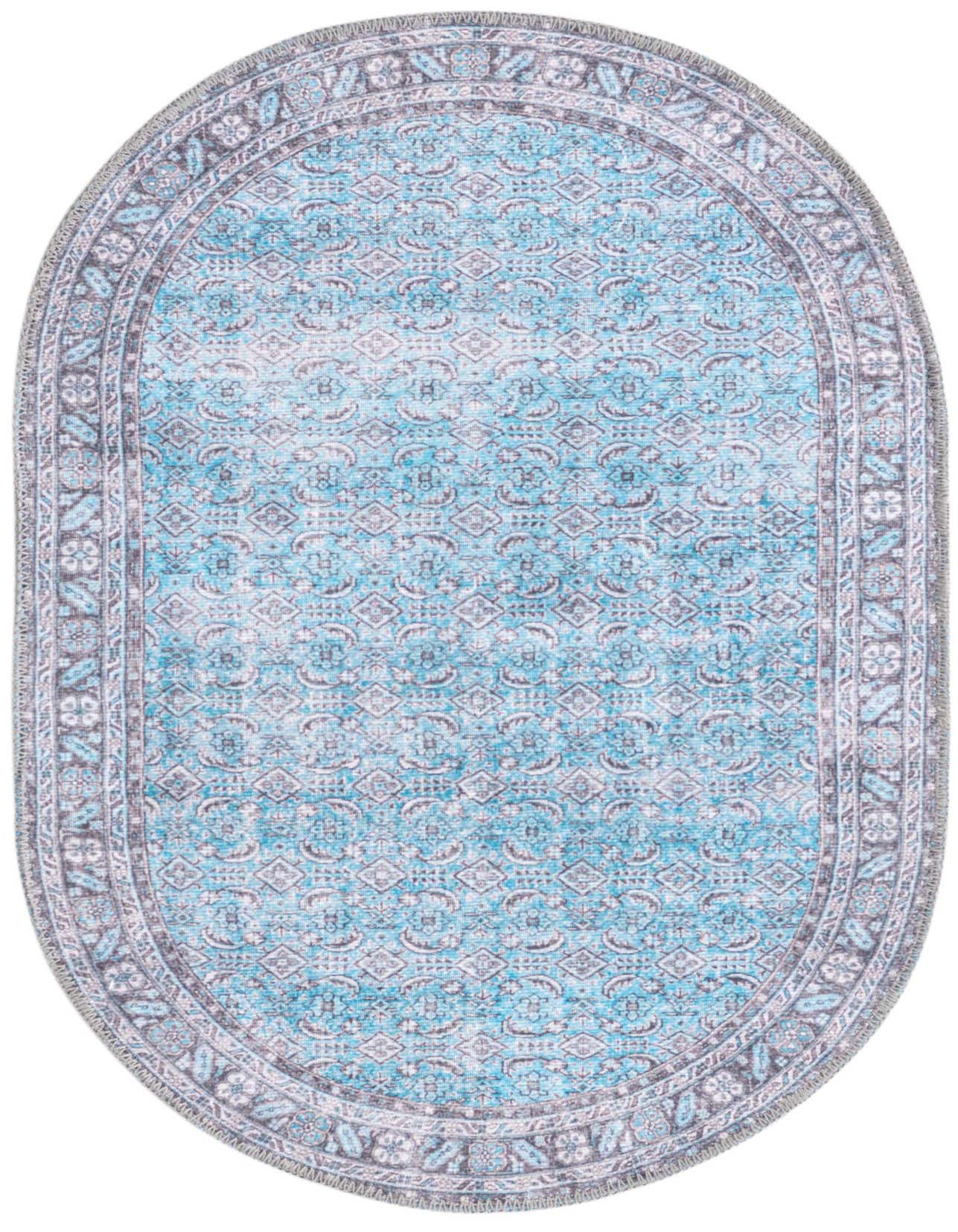 A 2'x3' oval blue transitional rug with an oriental vintage pattern and a decorative border.