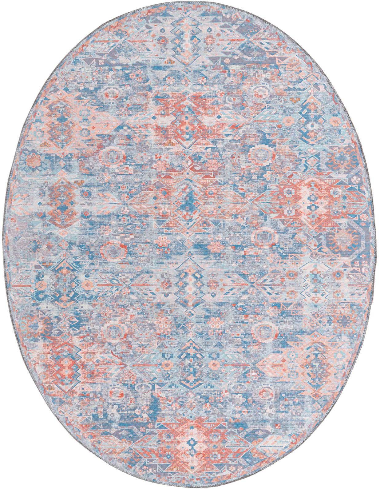 An oval 5' 0 x 8' 0 blue and coral transitional rug with a distressed tribal pattern on a white background.