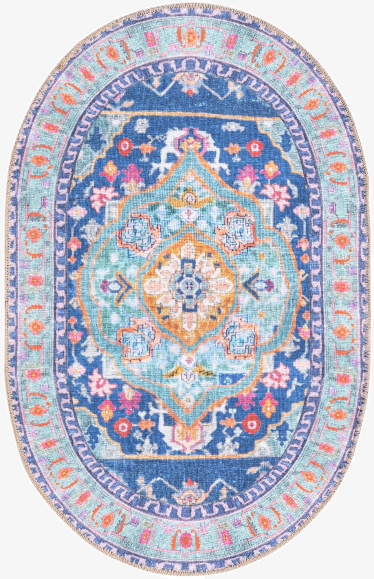 A 2'x3' oval blue transitional rug with a vibrant medallion pattern in teal, orange, and pink, on a white background.