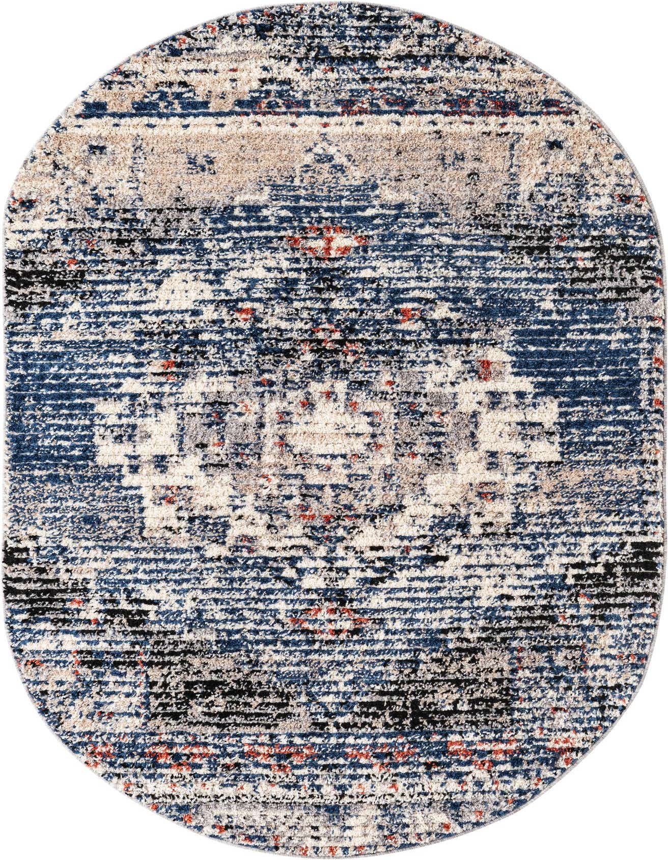 An oval 4'x6' blue, beige, and black shag rug with a distressed traditional medallion pattern, suitable for indoor spaces.