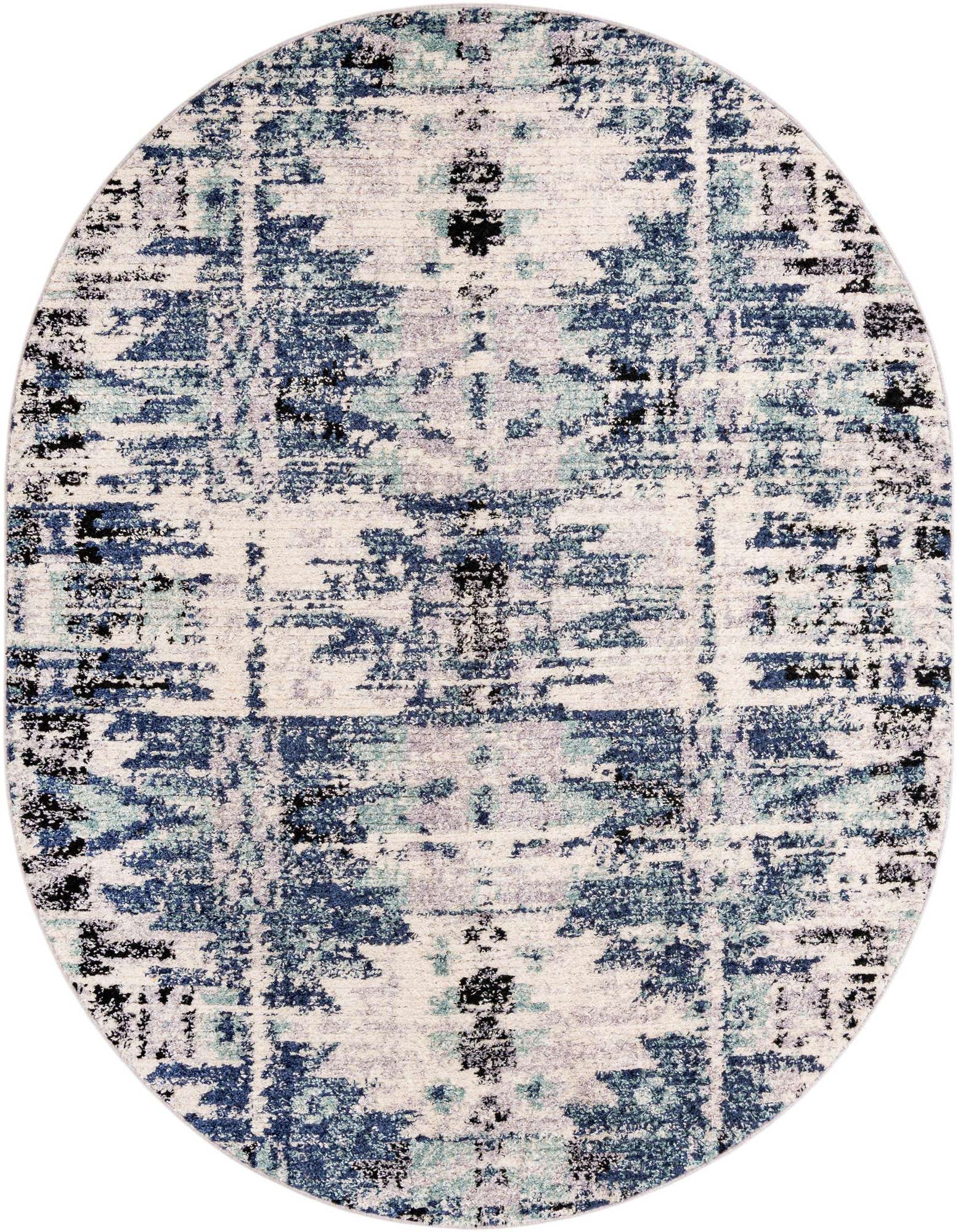 An 8' x 10' oval blue Southwestern abstract rug with a shag pile, featuring various shades of blue, light grey, and black on a cream background.
