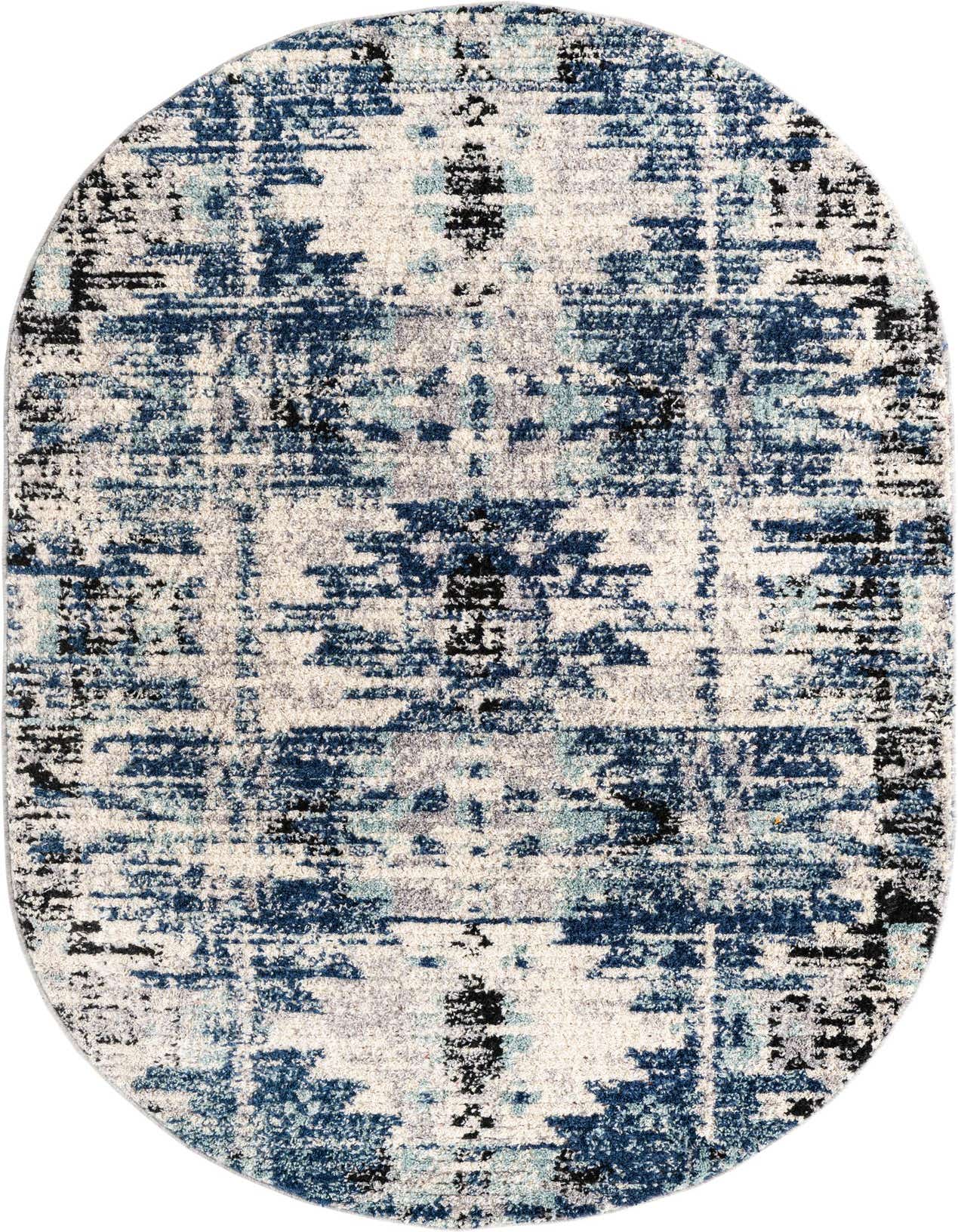 An oval 5' 0 x 8' 0 blue Southwestern modern abstract shag rug with a textured pile.