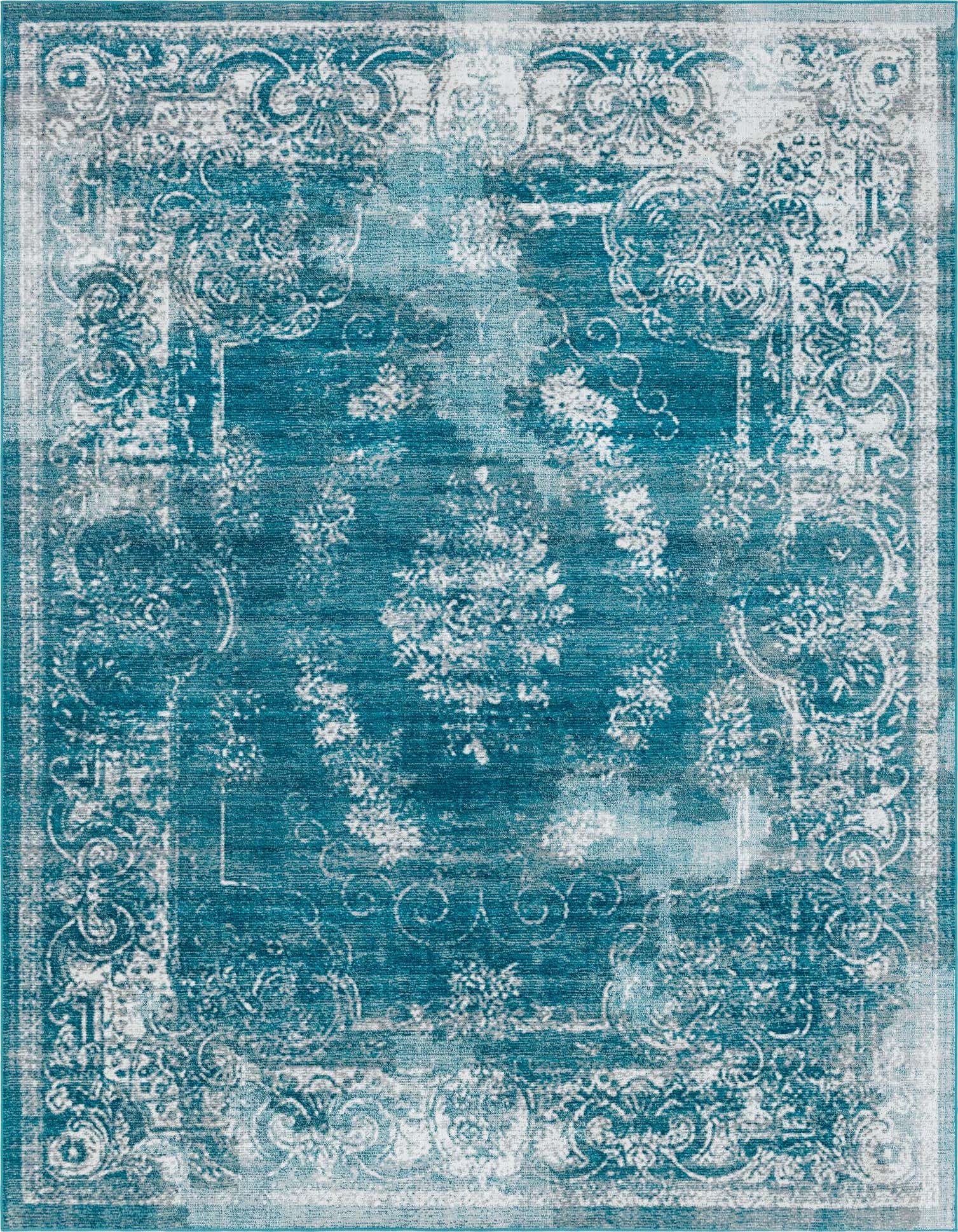 A 10x13 rectangular blue area rug featuring a distressed white and gray medallion and floral pattern, ideal for a living room.