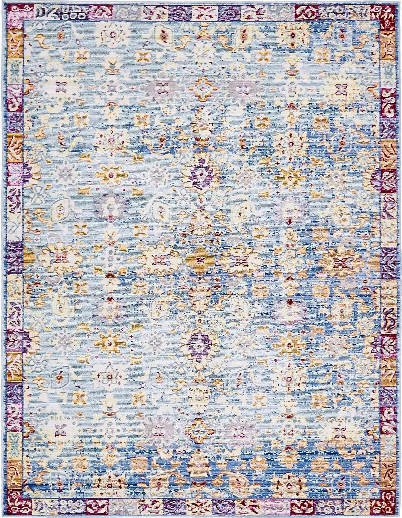 A 4x6 rectangular indoor area rug featuring a distressed blue, yellow, and purple bohemian floral pattern with a decorative border.