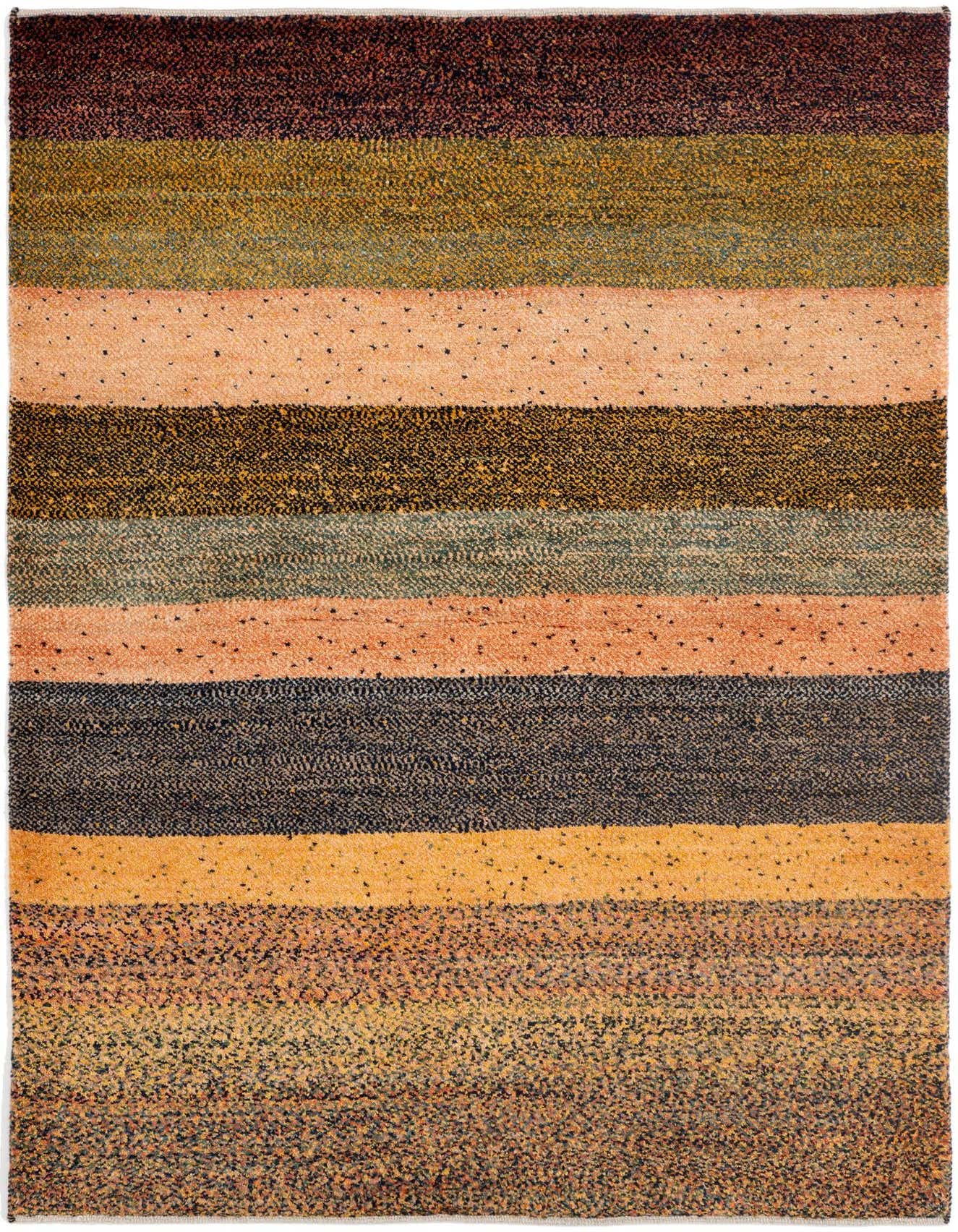 A rectangular 3x5 Amaleh Persian rug featuring horizontal stripes in shades of blue, brown, and peach, handmade from wool.