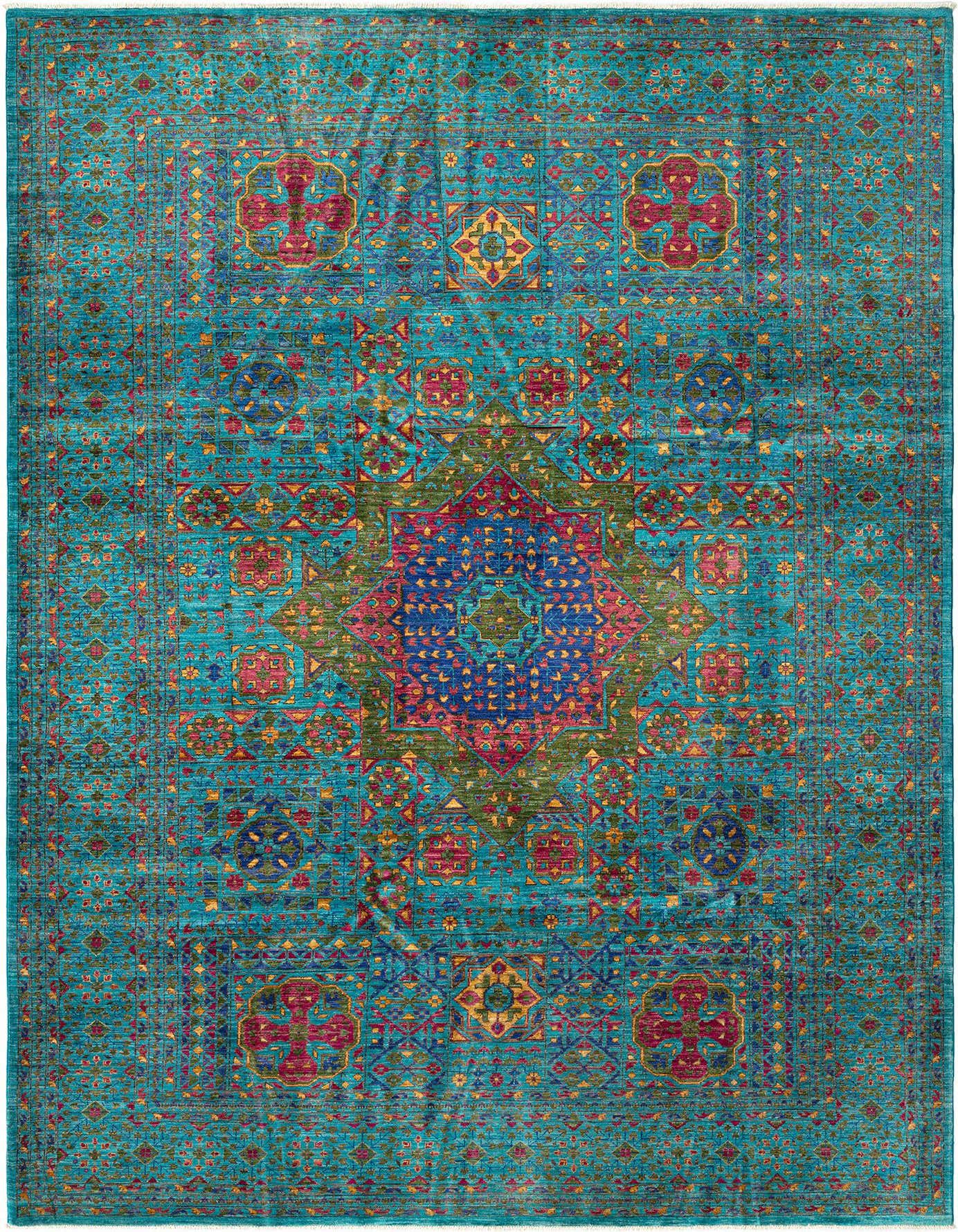 A 6x9 rectangular Amina Persian rug in shades of blue, featuring a vibrant central medallion and intricate floral patterns.