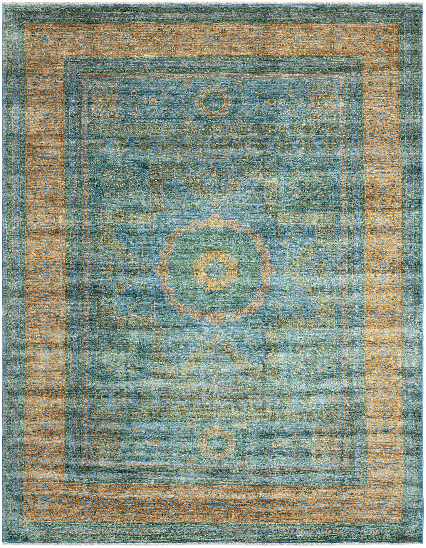 An 8x11 rectangular Amina Persian wool rug in varying shades of blue with an orange border and intricate traditional patterns.