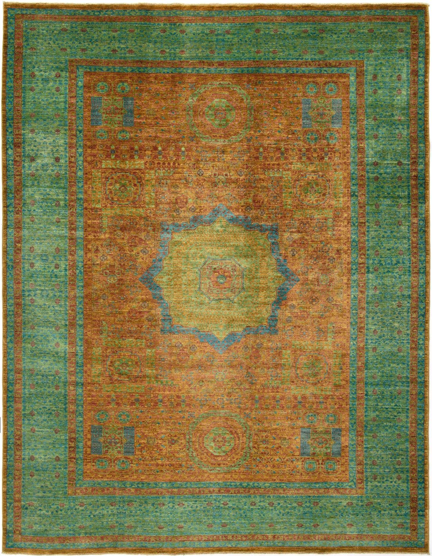A 4x6 rectangular Amina Persian rug with a central blue medallion and intricate patterns on a warm gold and teal background.