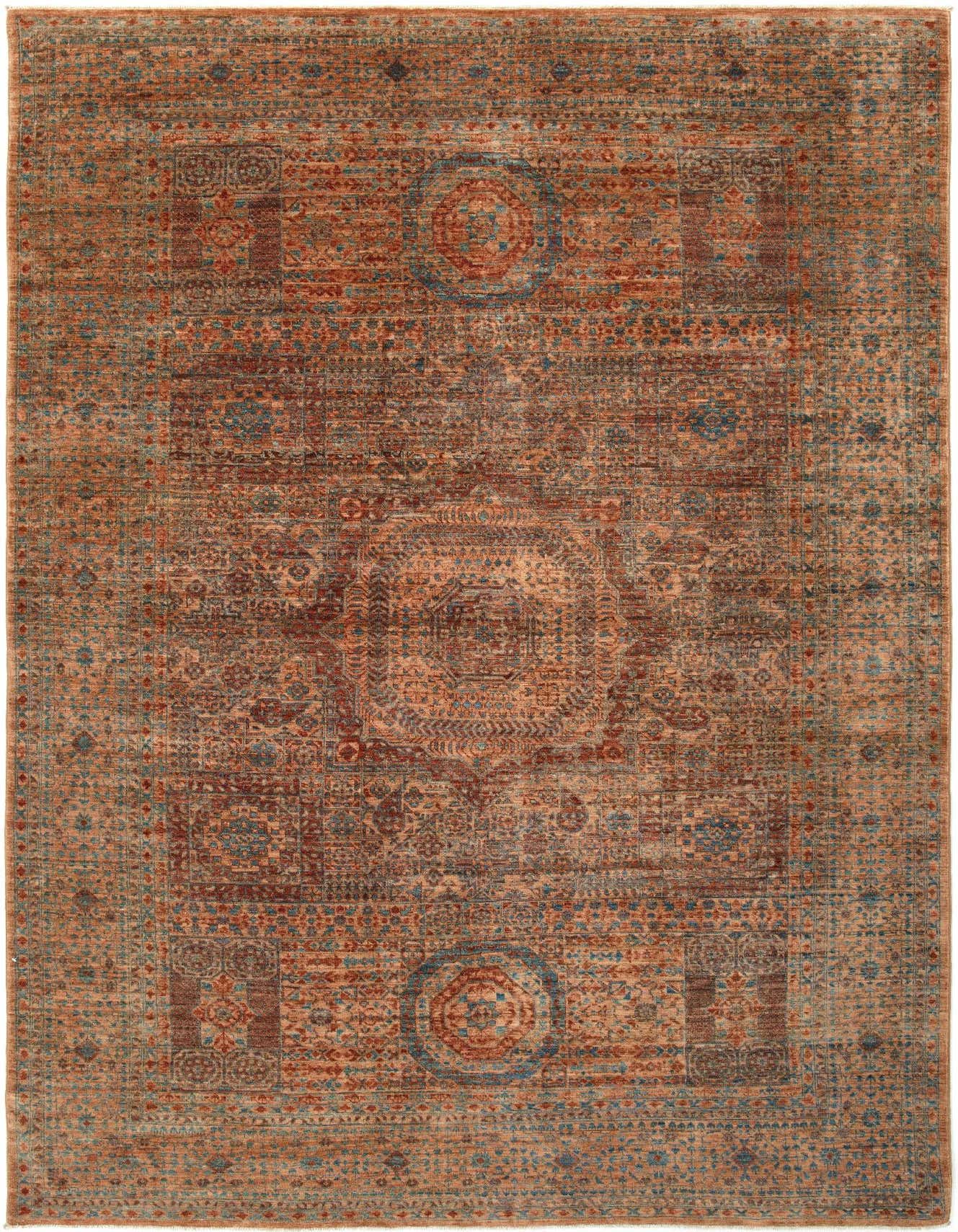 A 6x9 rectangular Amina Persian wool rug in shades of blue and rust, featuring a distressed traditional pattern.