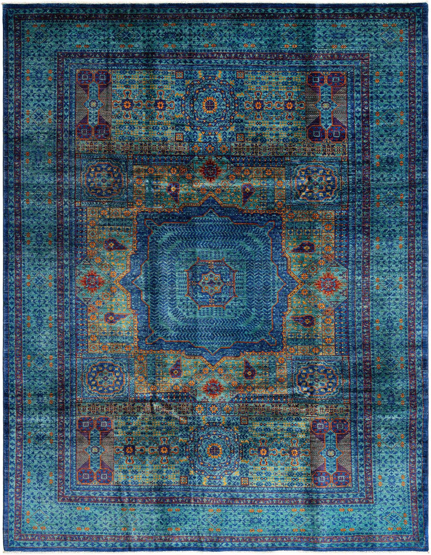 A 7x10 rectangular Amina Persian wool rug in varying shades of blue with intricate traditional patterns.