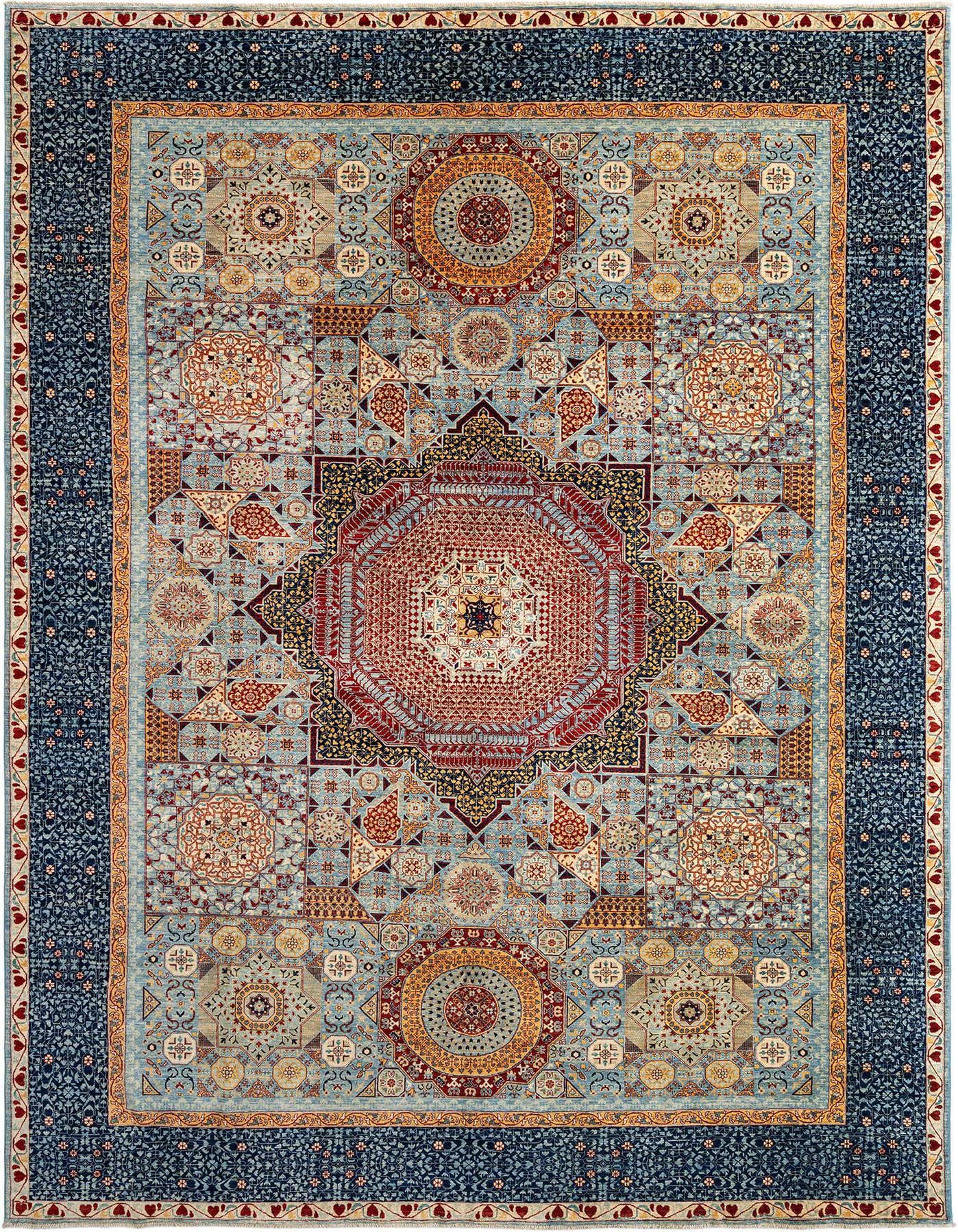 A rectangular handmade Persian rug featuring a central red medallion, intricate geometric patterns, and a wide navy blue border, ideal for an indoor living space.