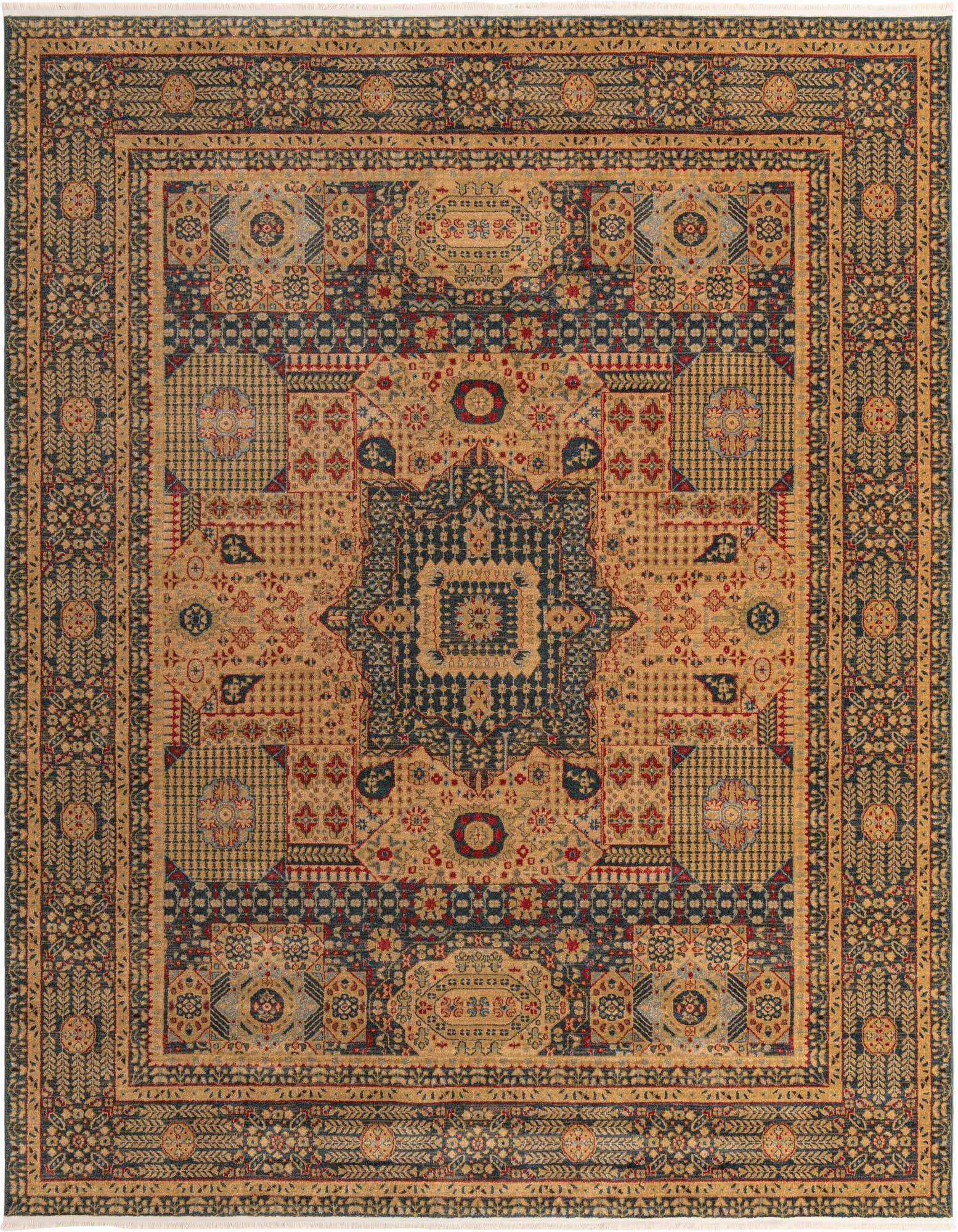 A 10x11 rectangular Amina rug featuring a complex blue, gold, and red traditional medallion pattern with intricate borders.