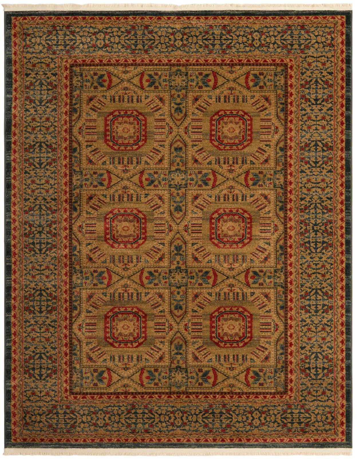 A rectangular 5x8 Amina rug in blues, featuring a traditional tribal medallion pattern with botanical accents, suitable for a living room.