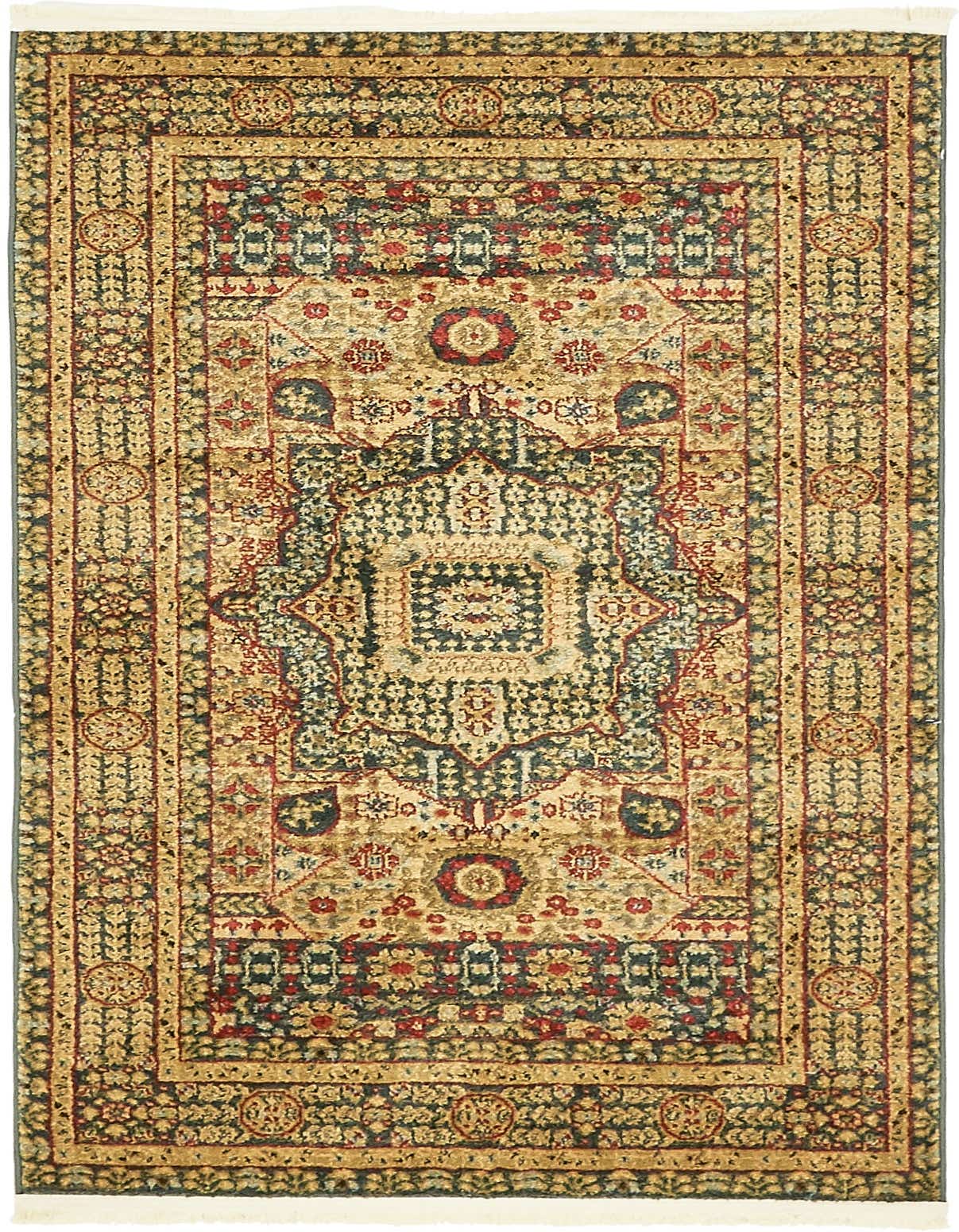 A 3x5 rectangular Amina rug with a distressed traditional medallion pattern in blue, gold, and red tones.