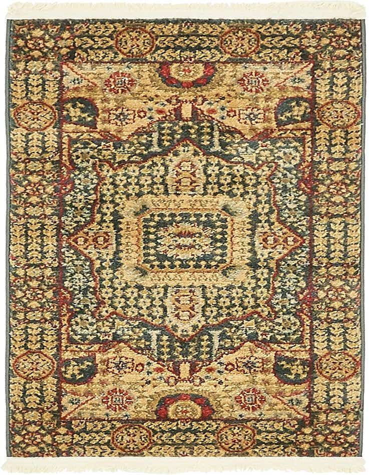 A 2x3 rectangular Amina rug featuring a traditional medallion pattern in shades of blue, gold, and red, with fringed ends.