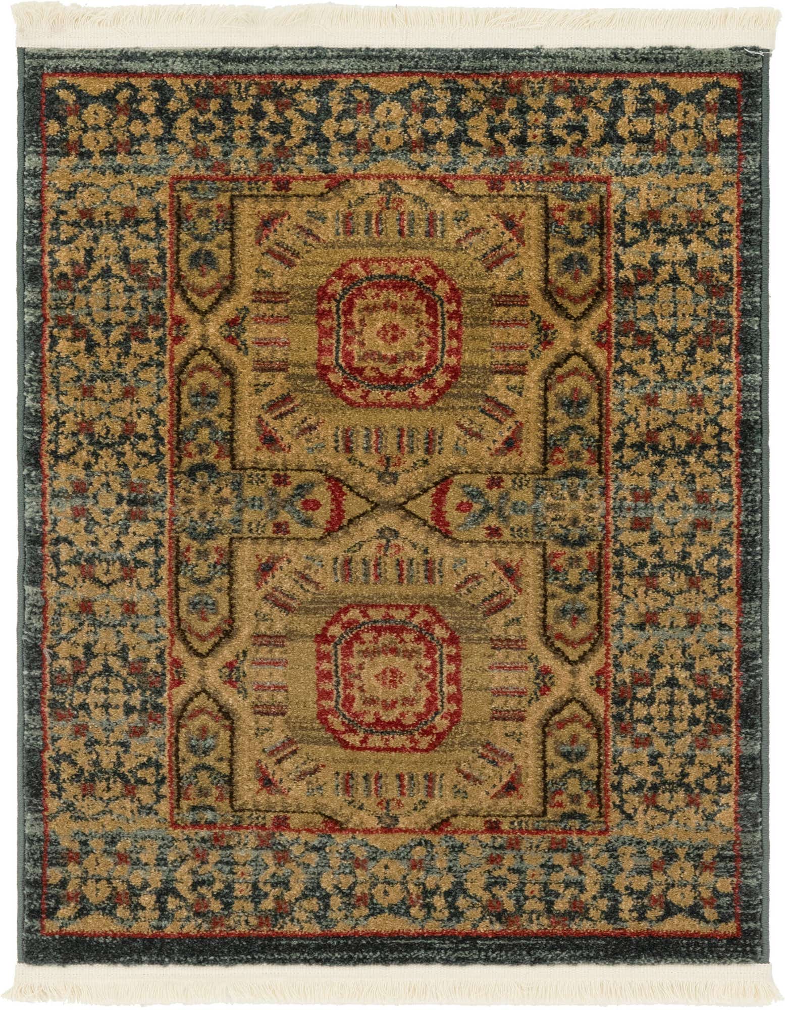 A 2x3 rectangular Amina rug featuring a traditional tribal medallion pattern in blues, gold, and red, with fringed ends.