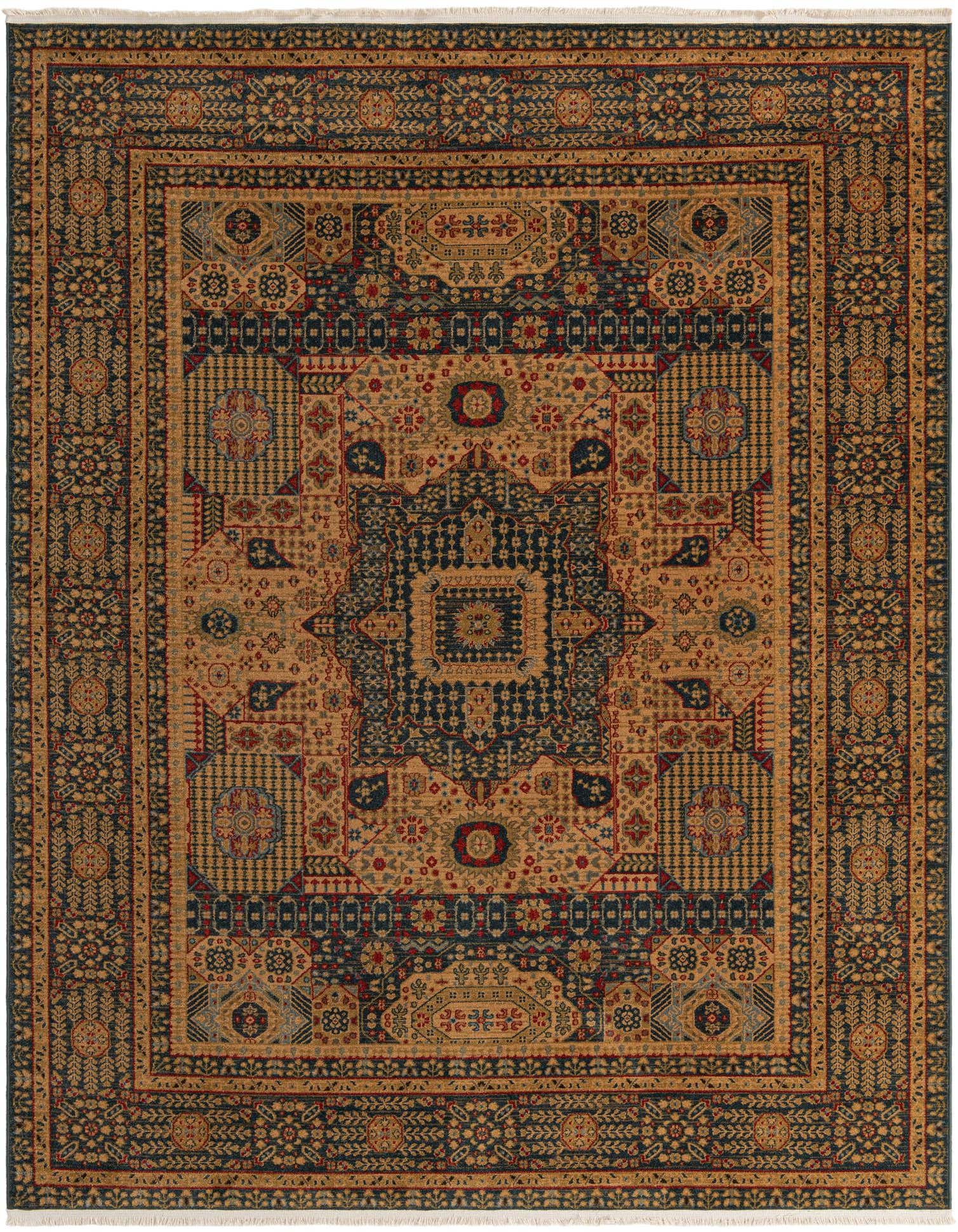 An 8x10 rectangular Amina rug featuring a traditional Oriental medallion pattern in various shades of blue, gold, and red.