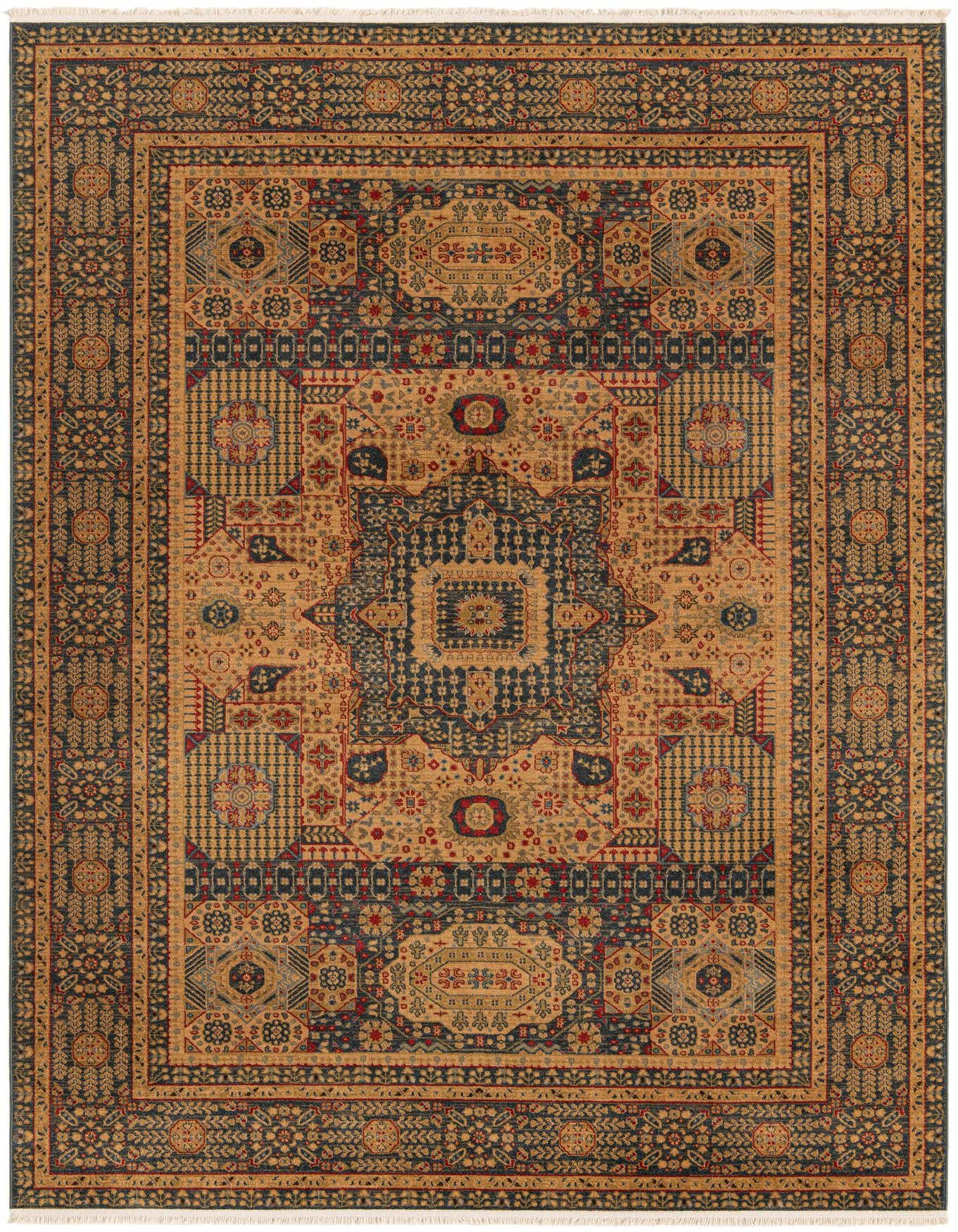 An 8x11 rectangular Amina rug featuring a complex traditional medallion pattern in shades of blue, gold, and red.