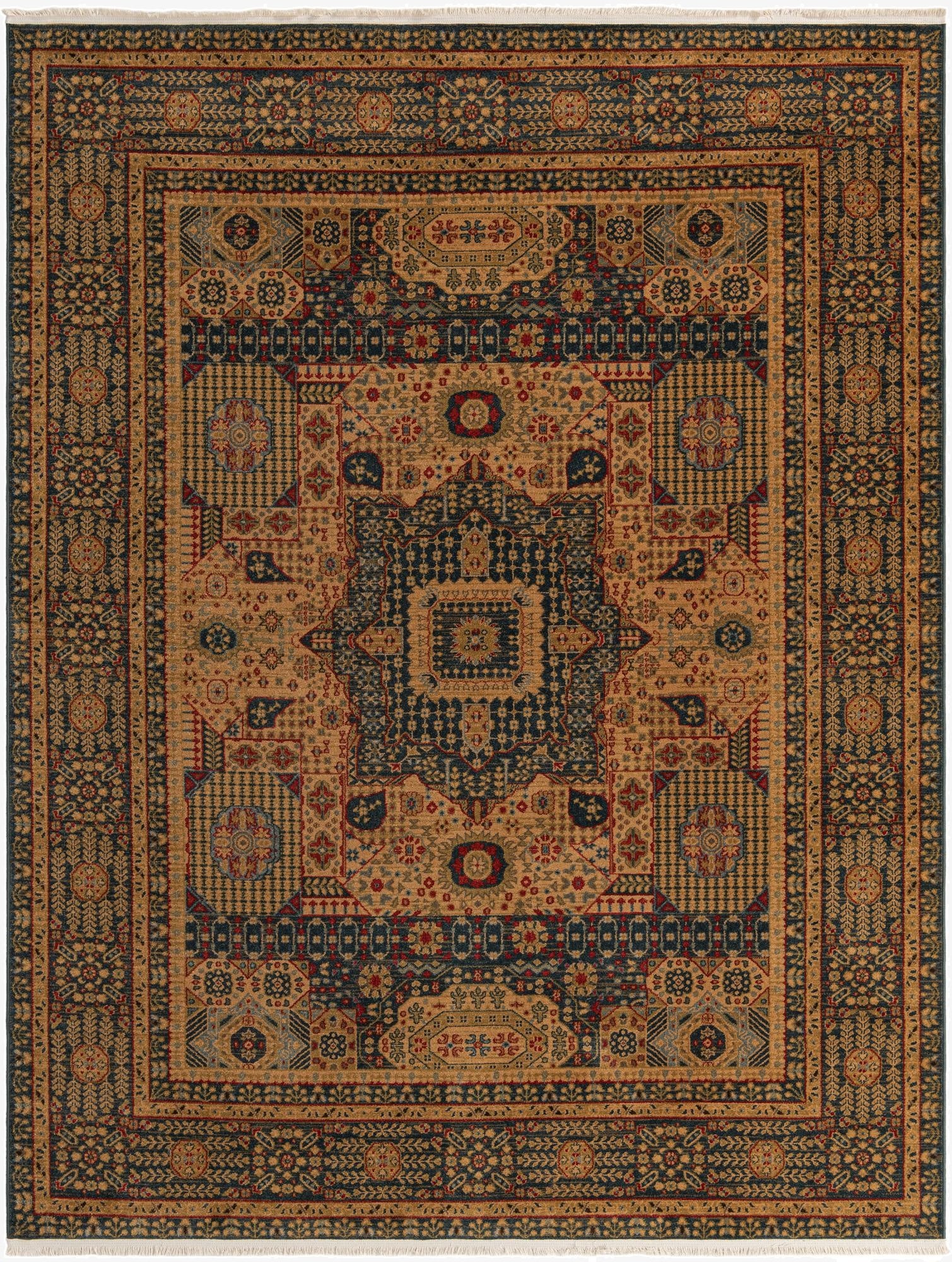 An 8x10 rectangular Amina rug featuring a traditional Oriental medallion pattern in various shades of blue, gold, and red.