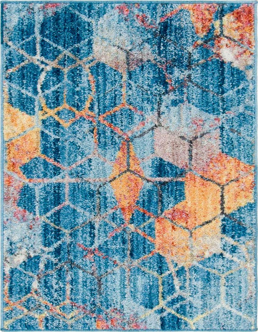 A 2x3 rectangular rug featuring a modern trellis pattern in various shades of blue, orange, and hints of red.