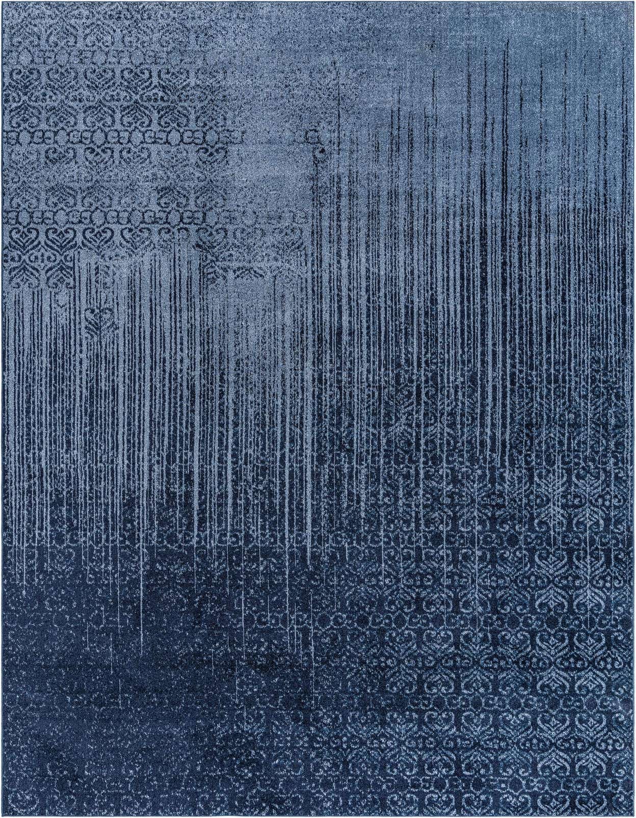 Rectangular Angelica Palace Rug in varying shades of blue, featuring a transitional abstract pattern with vertical distressed lines and subtle traditional motifs, ideal for a living room.
