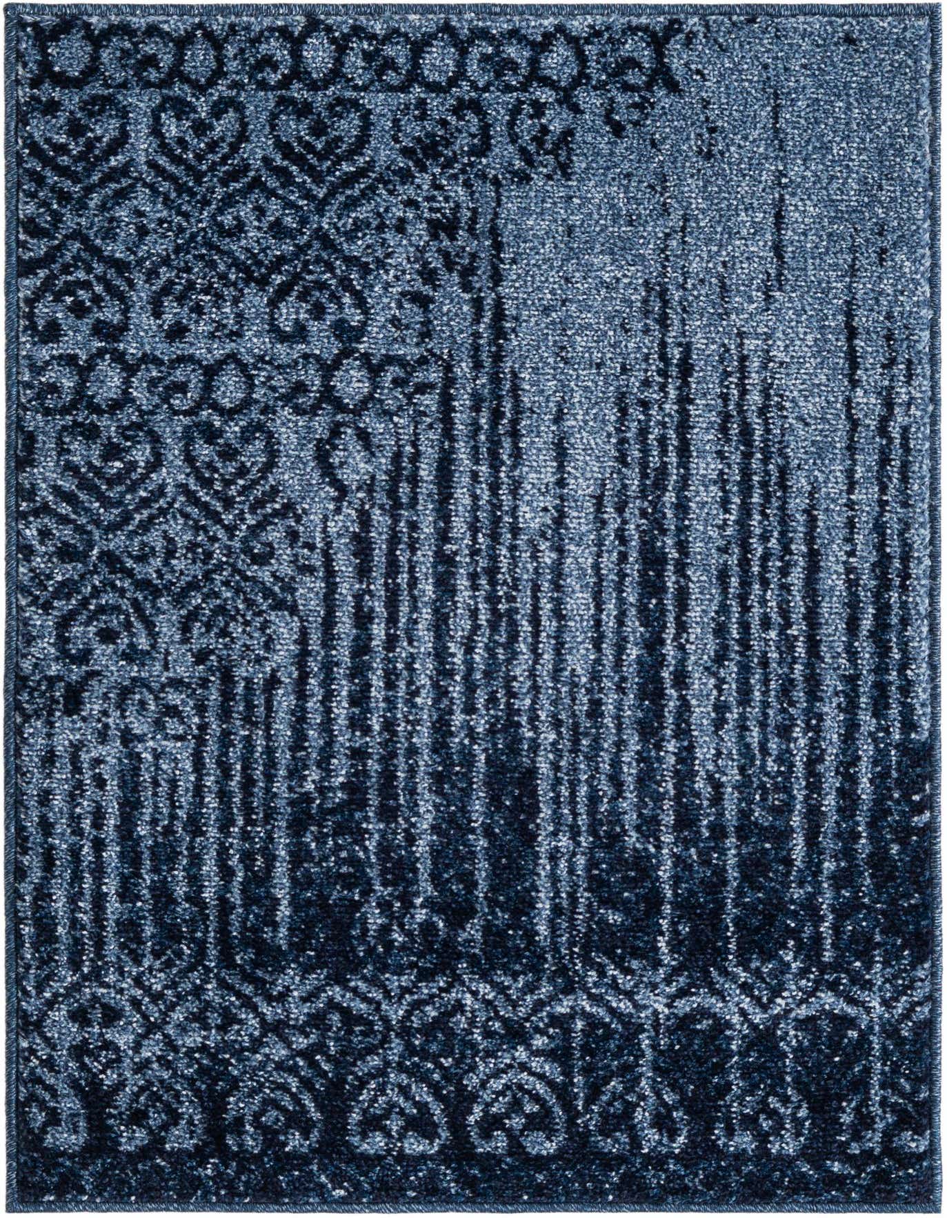 A 2x3 rectangular blue transitional rug with a distressed abstract pattern featuring dark blue medallions and lighter blue vertical stripes.