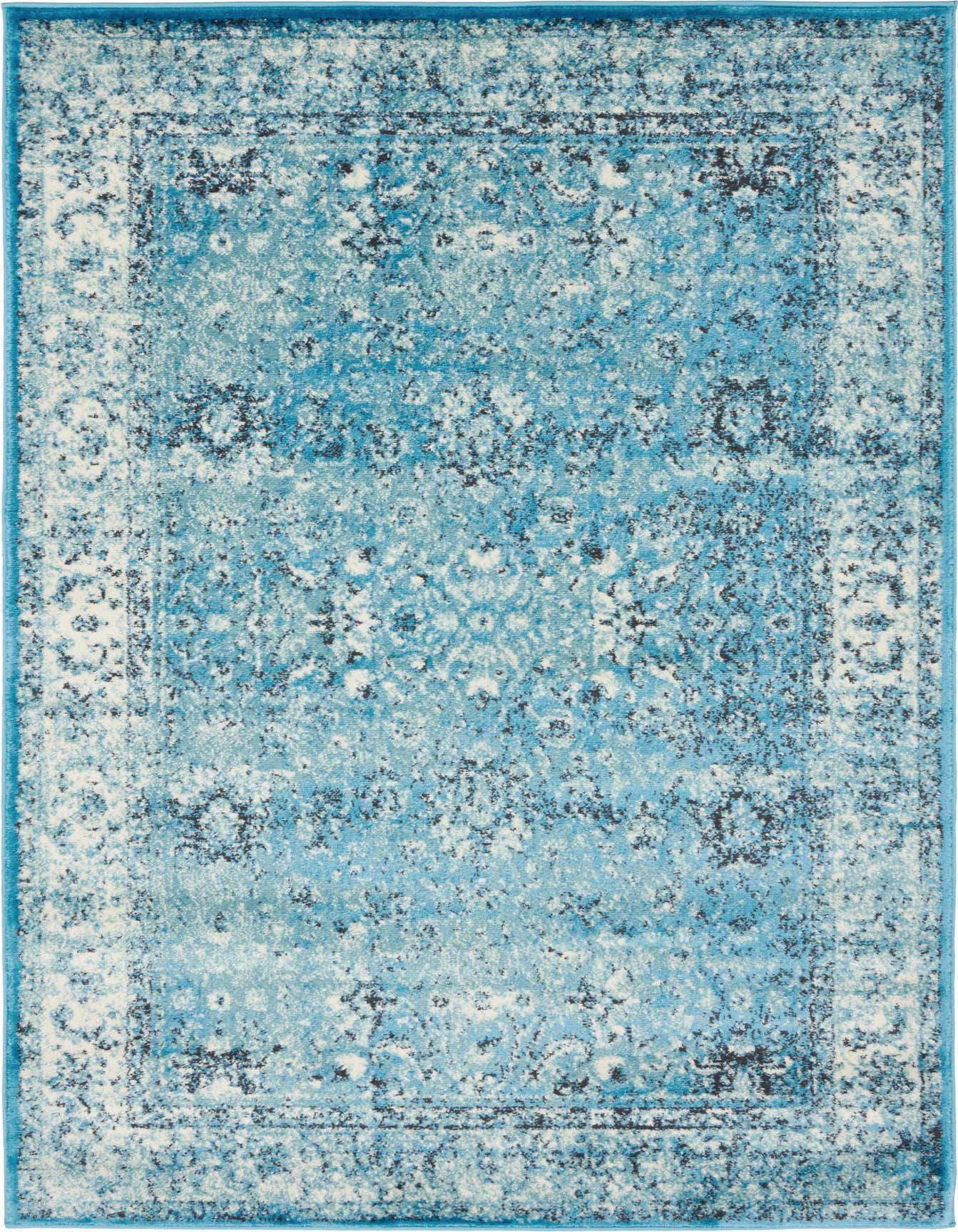 A 4x6 rectangular blue and white bohemian rug with a distressed medallion pattern and a thin blue border.