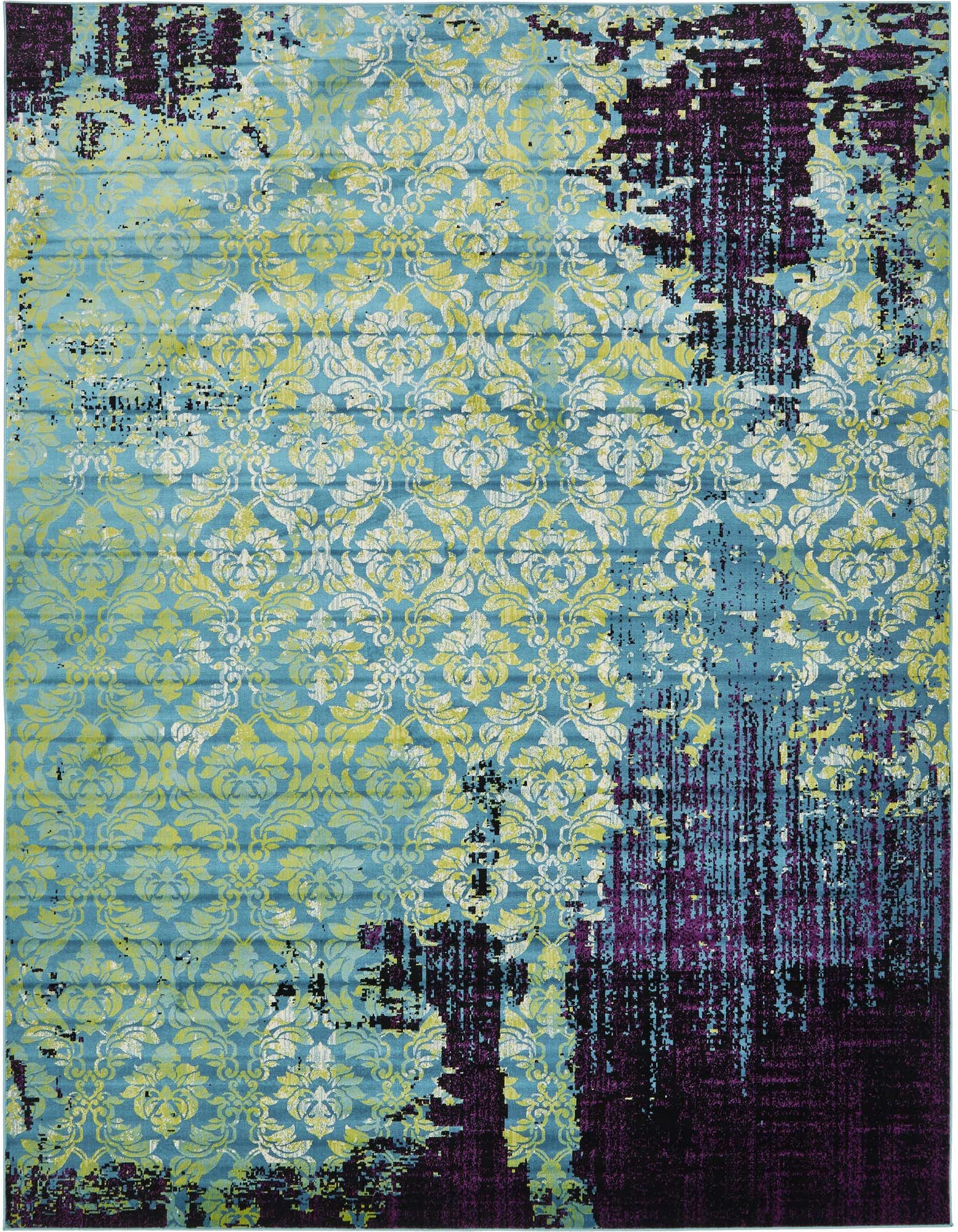 A 10x13 rectangular blue area rug with a vintage floral pattern and distressed purple and black accents.