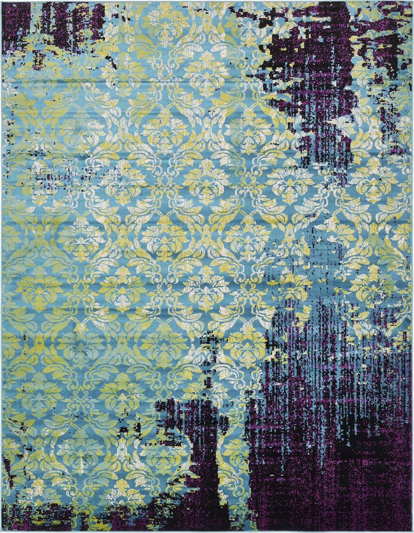 A large 8x11 rectangular blue area rug with a distressed Bohemian floral pattern in yellow, white, and purple.