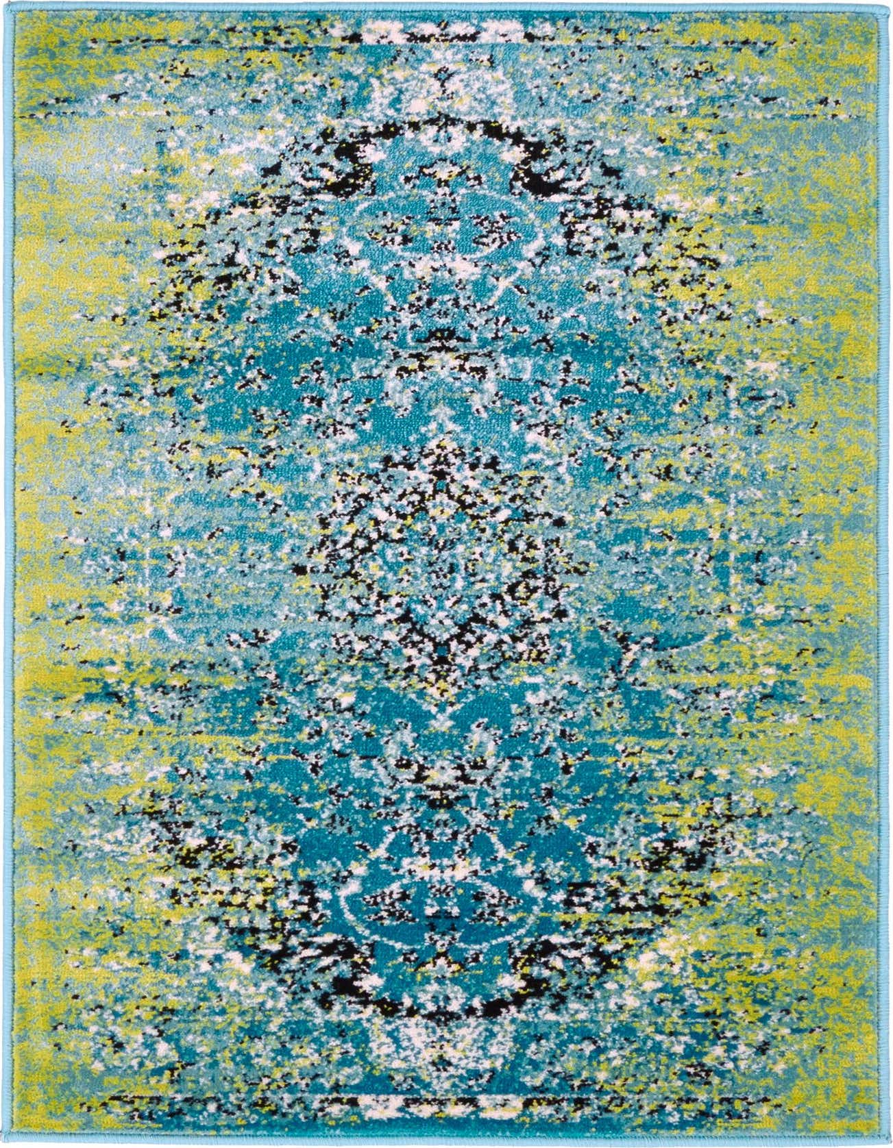A 2x3 rectangular Rugs.com Ankara rug featuring a distressed medallion pattern in vibrant blues, lime green, black, and white.