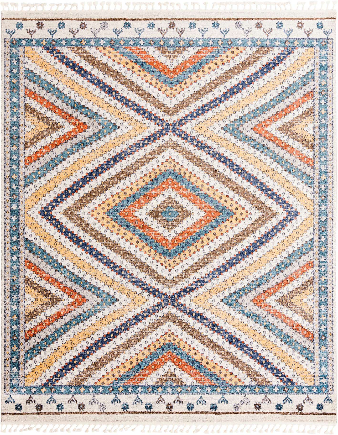 A 9x12 rectangular Aramis rug featuring a vibrant blue, orange, yellow, and brown stripe pattern with a central diamond design.