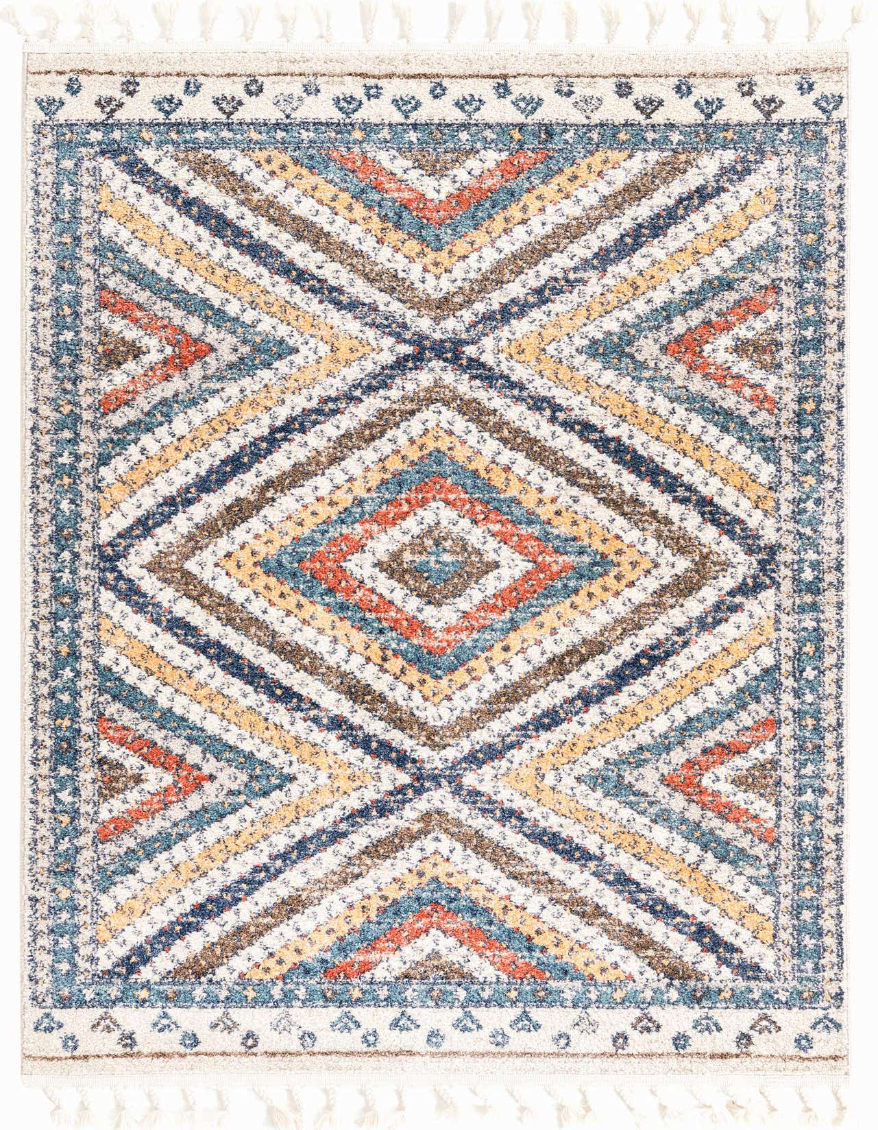 A 4x6 rectangular Aramis rug featuring a modern geometric pattern with stripes in various shades of blue, orange, yellow, and brown on a cream background, with decorative tassels.