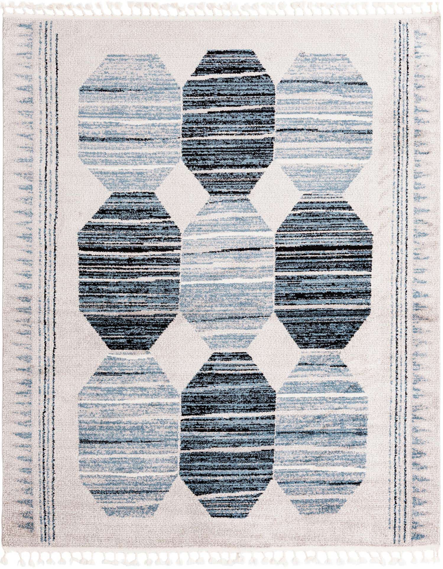 An 8x10 rectangular area rug with a modern stripe pattern in varying shades of blue and white, featuring decorative tassels.