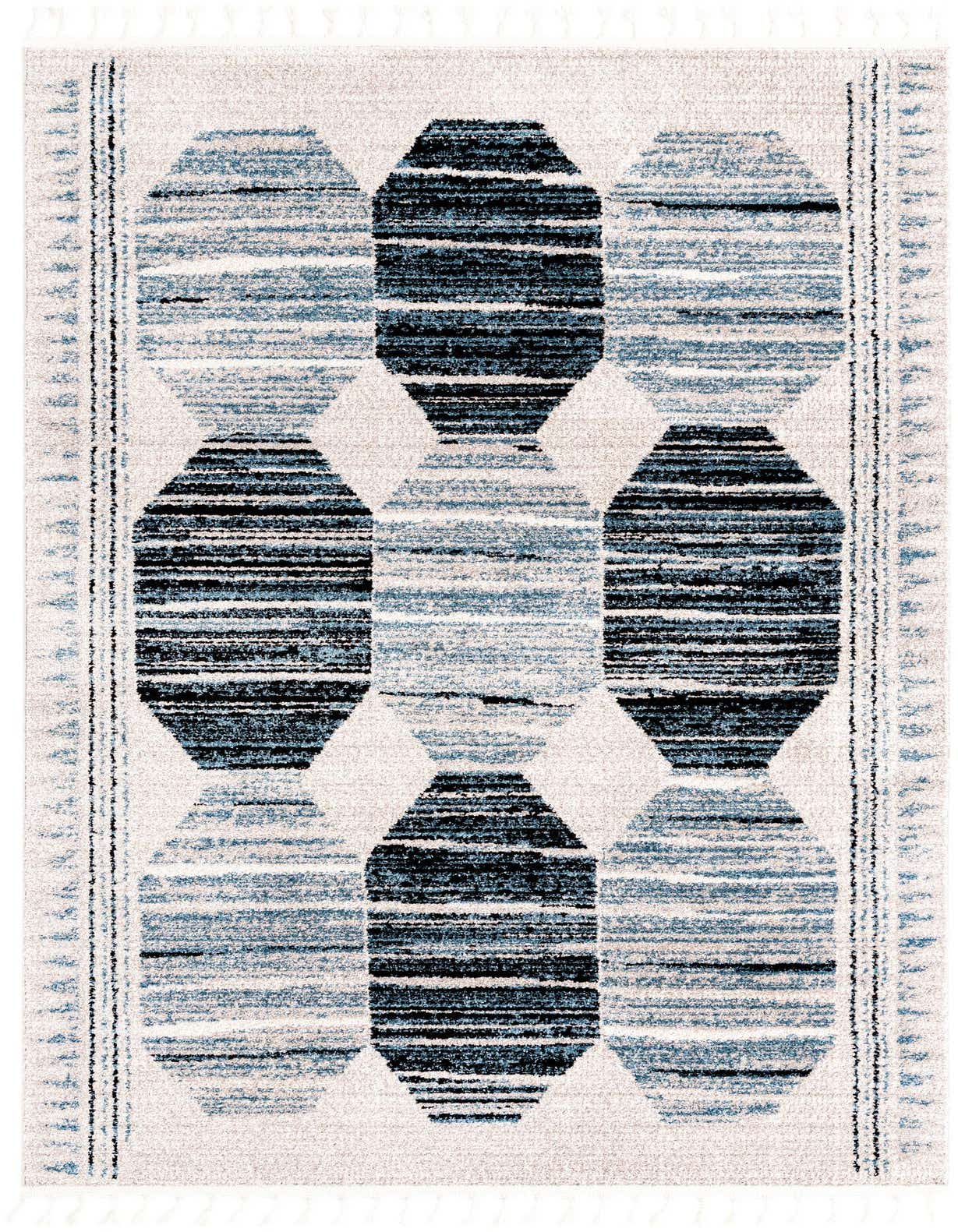 A 5x8 rectangular Aramis rug featuring a modern striped pattern in varying shades of blue and black on a light background, with decorative tassels along the short edges.