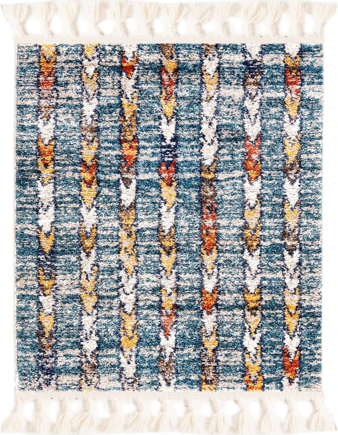 A 2x3 rectangular Rugs.com Aramis rug featuring a modern tribal stripe pattern in blues, orange, yellow, and white, with decorative tassels.