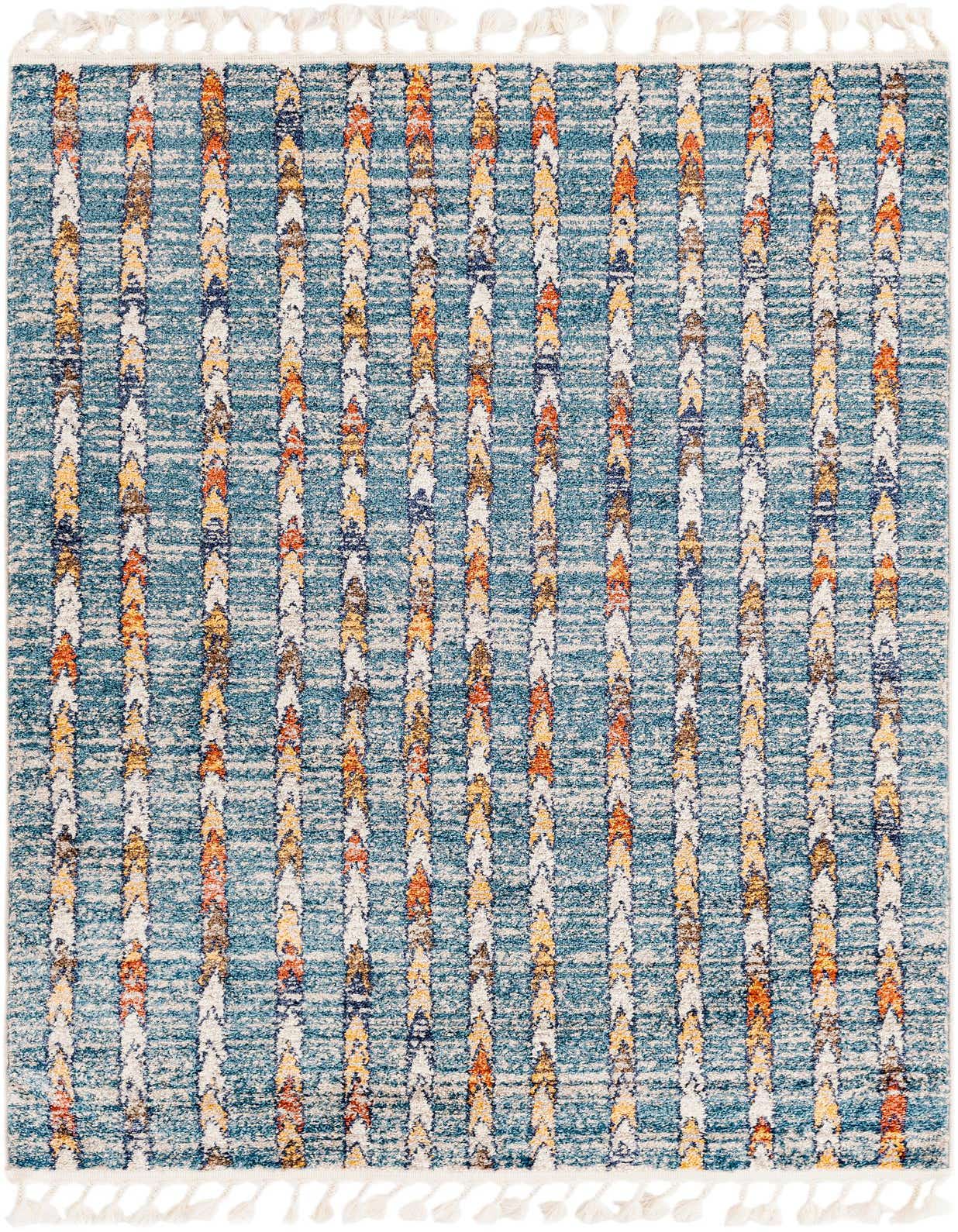 A 4x6 rectangular blue area rug with a modern tribal stripe pattern in shades of blue, orange, yellow, and white, featuring decorative tassels.