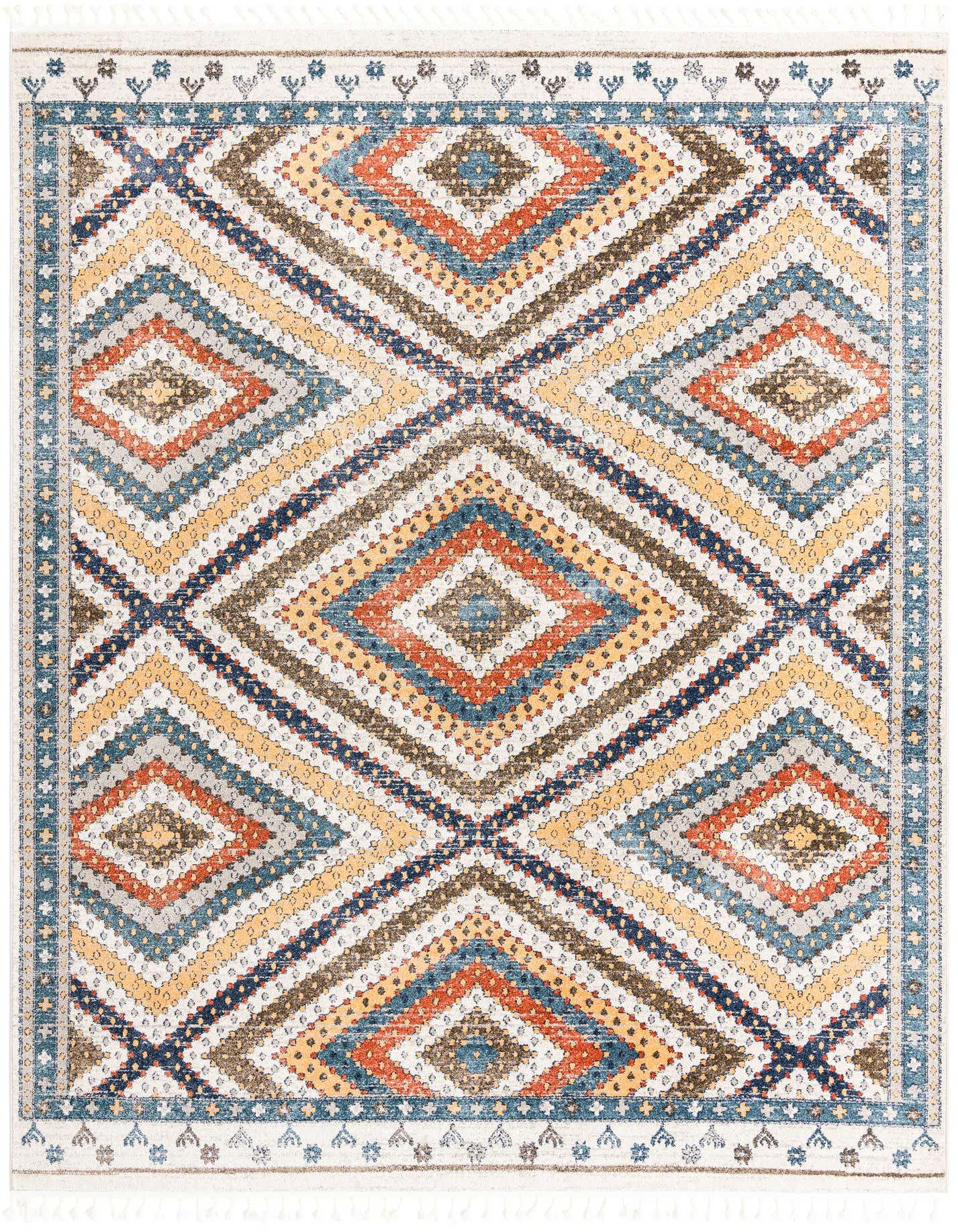 A 10x13 rectangular Aramis rug featuring a modern geometric pattern with diamonds and stripes in various shades of blue, orange, brown, and yellow on a cream background, suitable for a living room.
