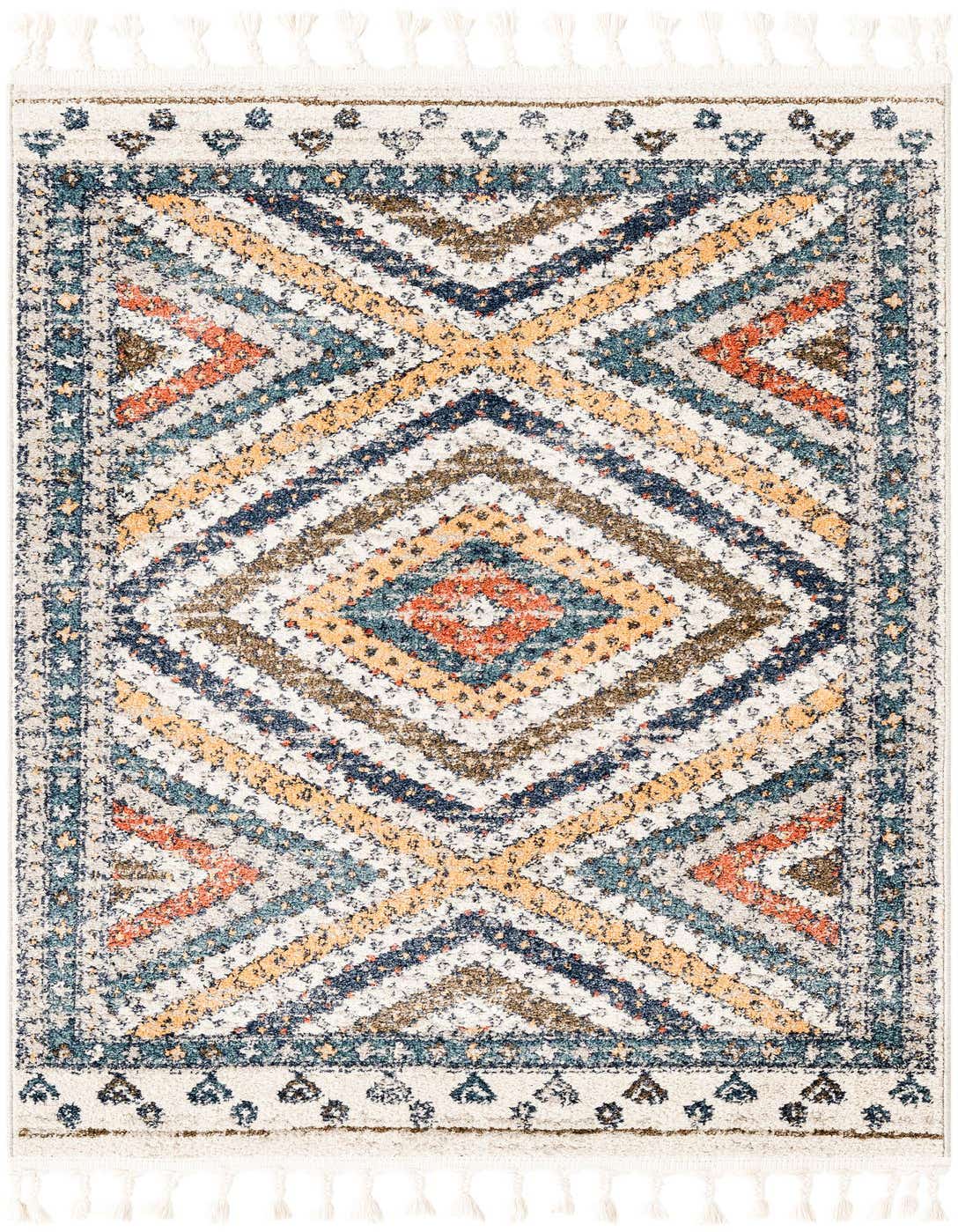 A 3x5 rectangular Aramis rug featuring a distressed blue, orange, and yellow stripe pattern with tassels.