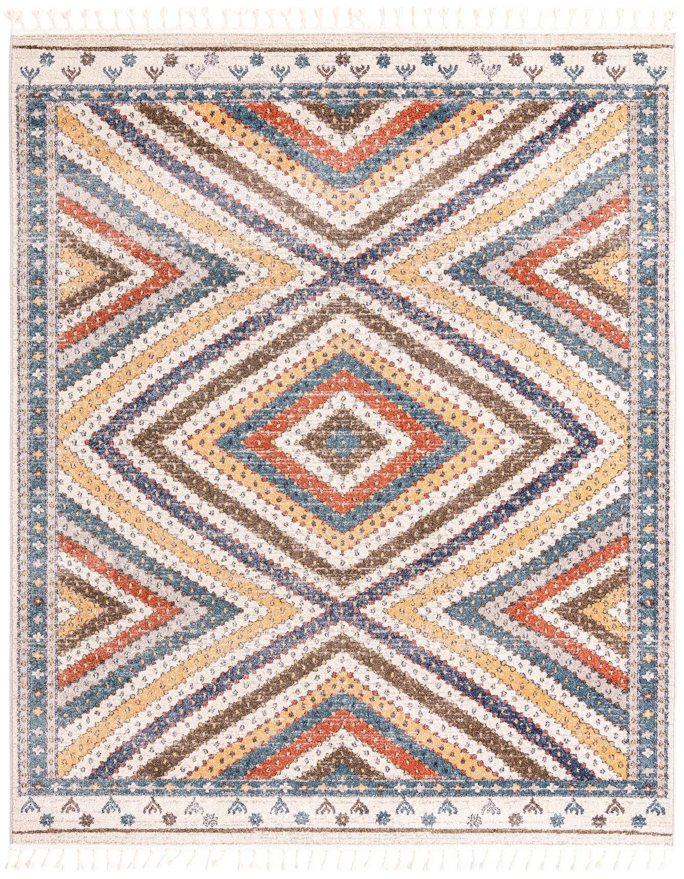 A rectangular 8x11 Aramis rug featuring a modern stripe pattern in various shades of blue, orange, brown, and yellow on a light background, with decorative fringes.