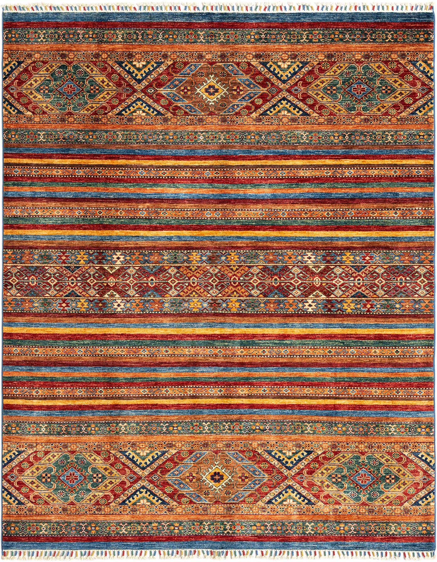 A vibrant 5x8 rectangular Ariana Ziegler Persian rug with bold blue, red, and gold stripes and intricate geometric patterns.