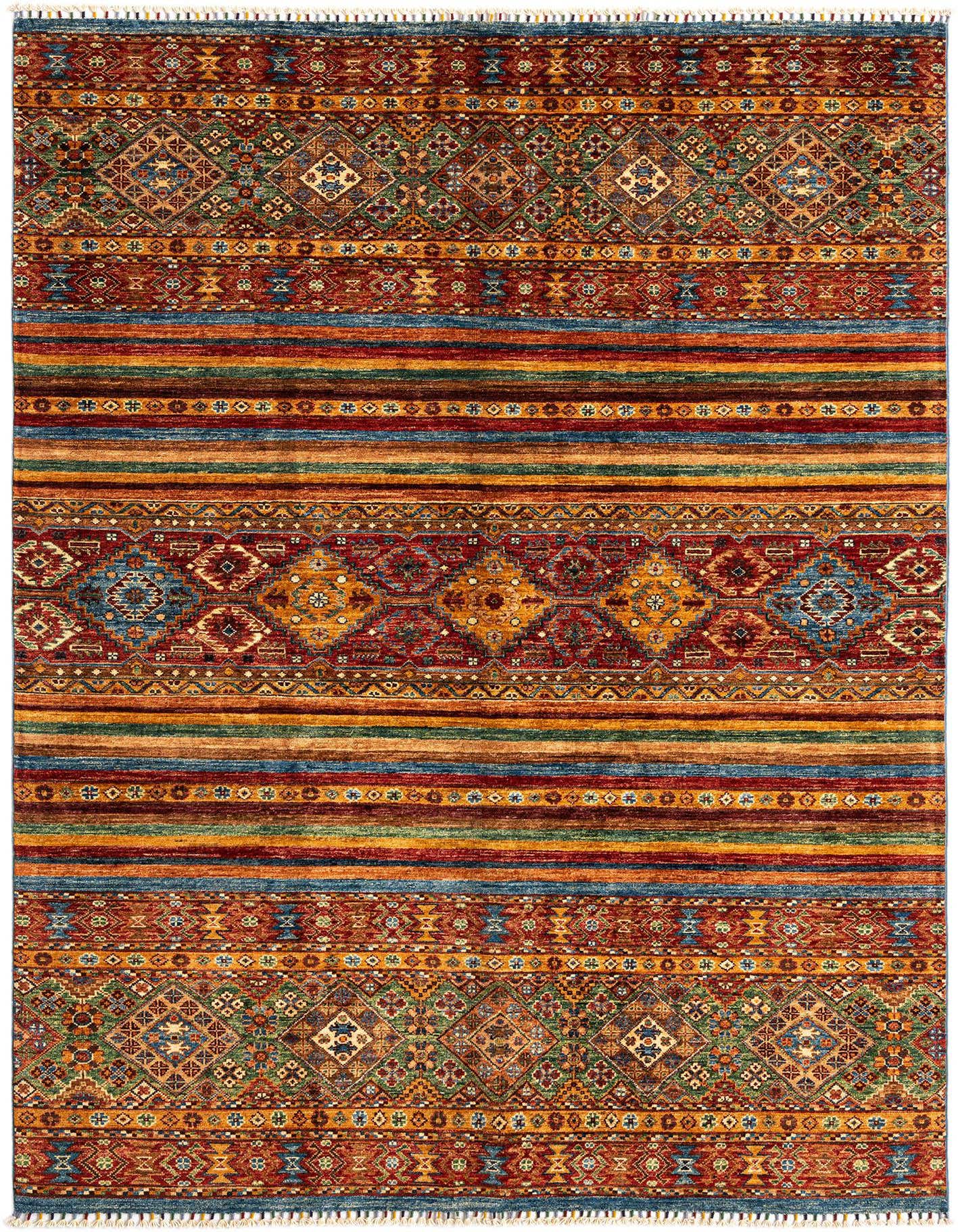 A 5x8 rectangular Ariana Ziegler Persian rug featuring intricate geometric patterns and stripes in blues, reds, oranges, and greens.
