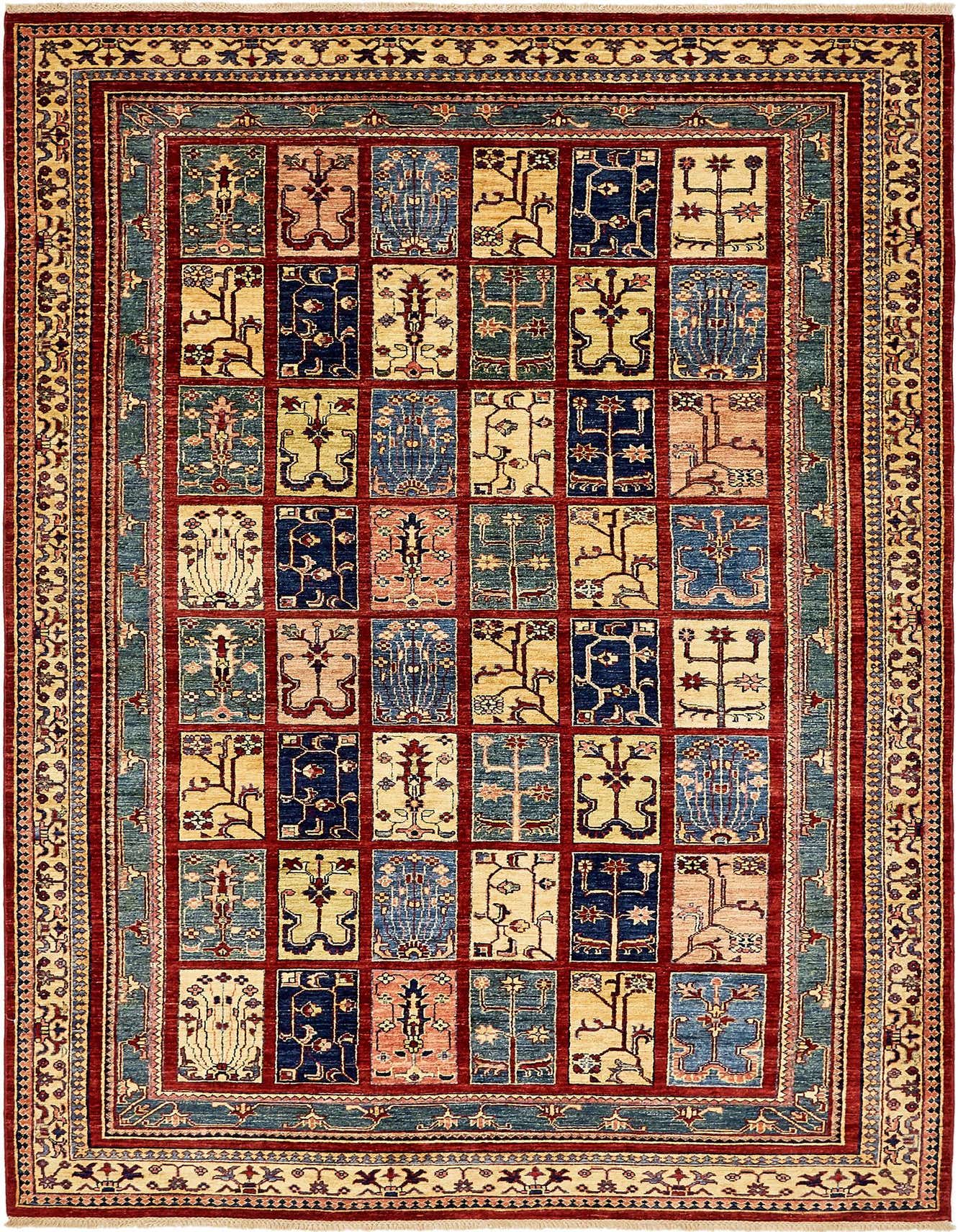 A 6x9 rectangular Ariana Ziegler rug featuring a traditional botanical grid pattern in rich blues, reds, and creams.