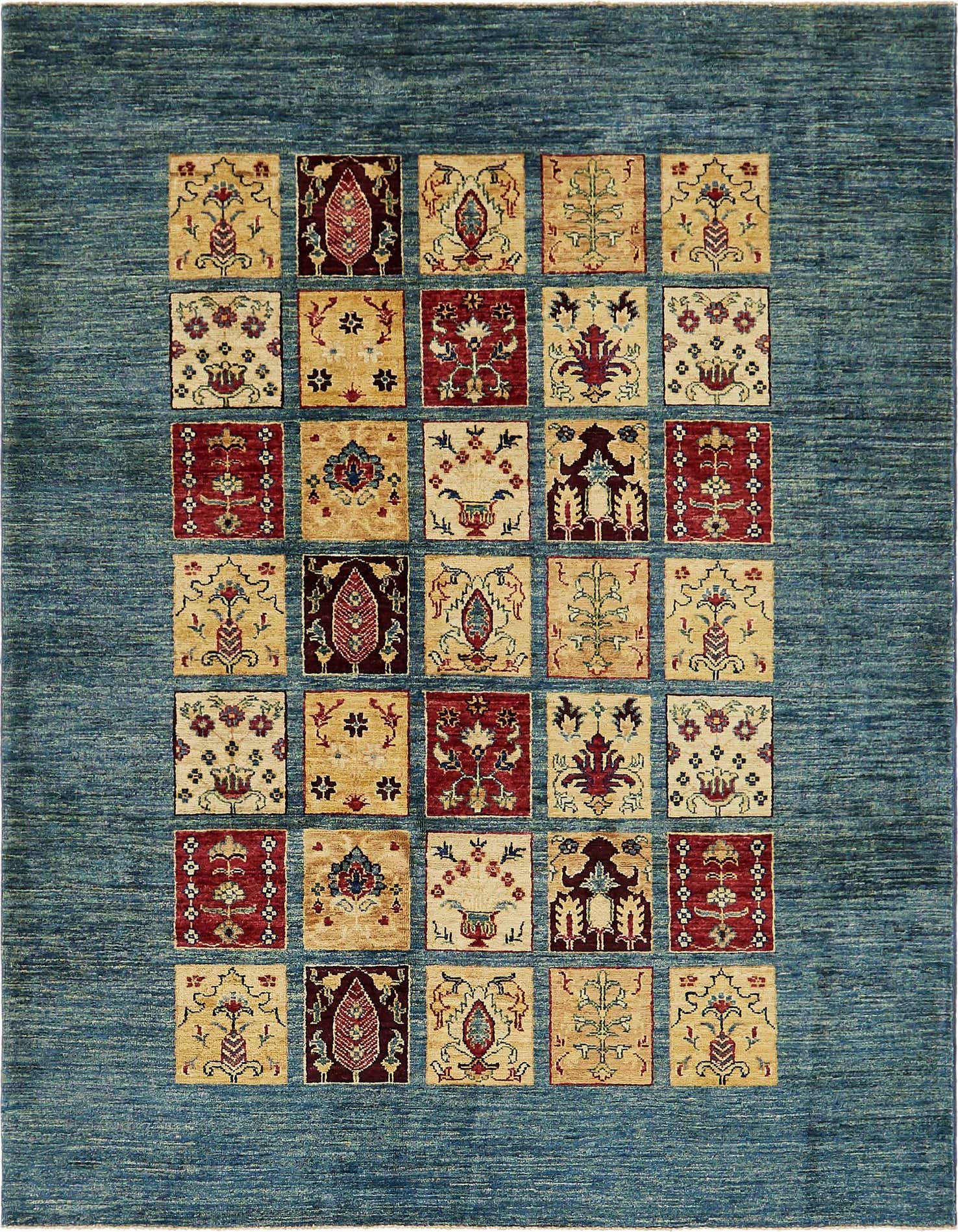 A 5x7 rectangular Ariana Ziegler rug featuring a blue field with an intricate grid of traditional tribal patterns in red, cream, and brown.