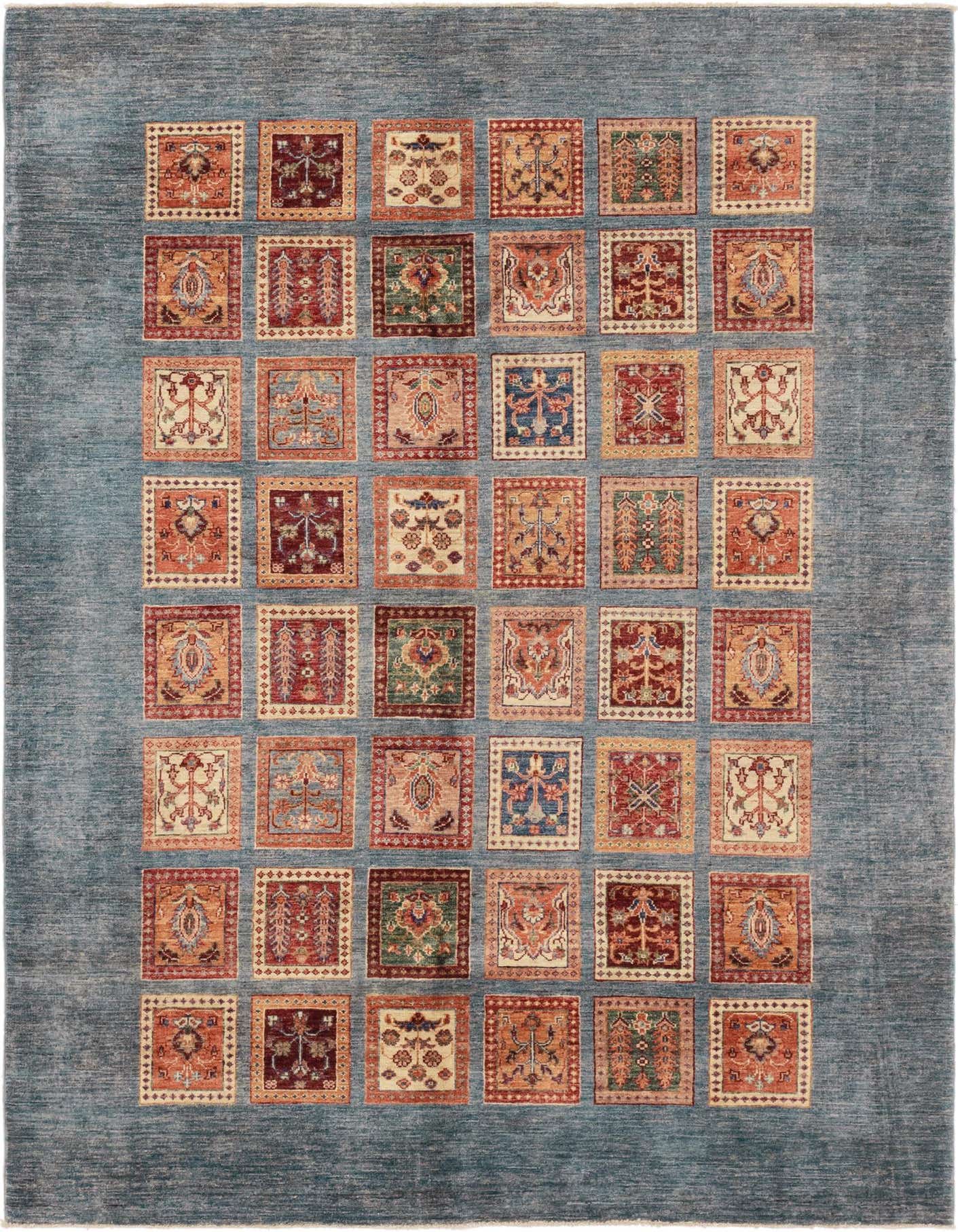 A 6x9 rectangular Ariana Ziegler rug featuring a blue border and a grid of colorful traditional tribal patterns.